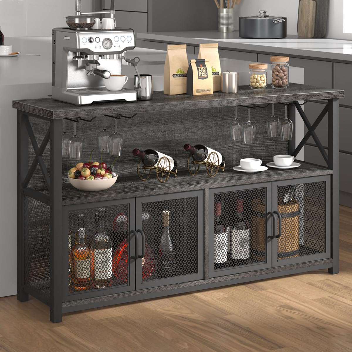 LVB Gabinete de bar de vinos, gabinete industrial para licor y vasos, aparador moderno con estante de almacenamiento, bar rústico de licor para cocina, comedor, sala de estar, roble gris oscuro, 47