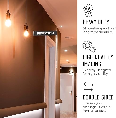 Miniatura 3 de Letrero de proyección para baño, doble cara, 2 x 10 pulgadas, ACM, con accesorio plateado satinado de níquel cepillado, fabricado en Estados Unidos