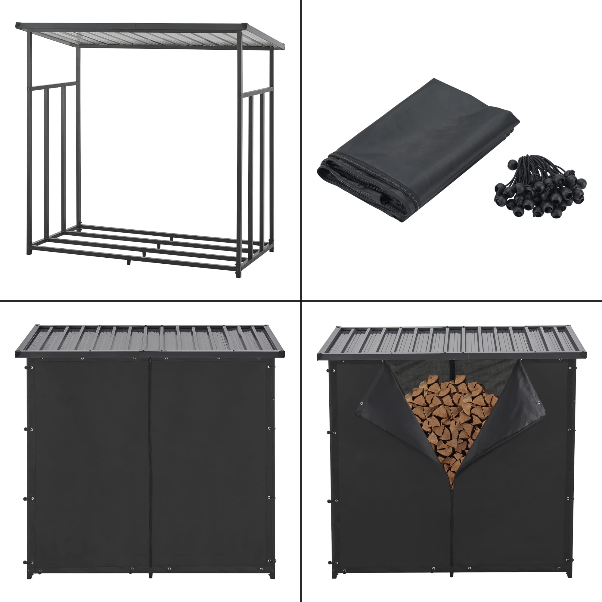 casa.pro Abri-Bûches Couvert avec Housse de Protection Support Bois de Chauffage Range-Bûches pour Stockage Extérieur Acier Galvanisé Laqué Polyester Métal Noir