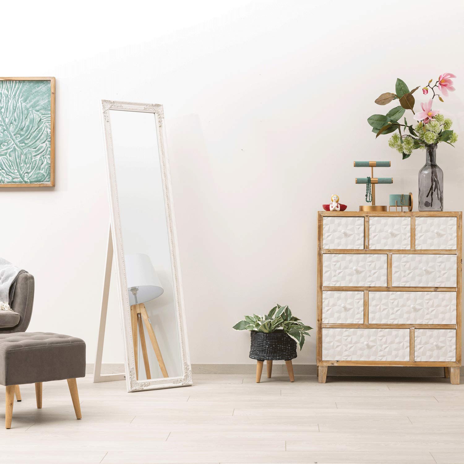 Specchio Da Terra Montemaggi 160x40cm - Cornice Legno Bianco Opaco - Inclinazione Regolabile Per Camera E Salotto