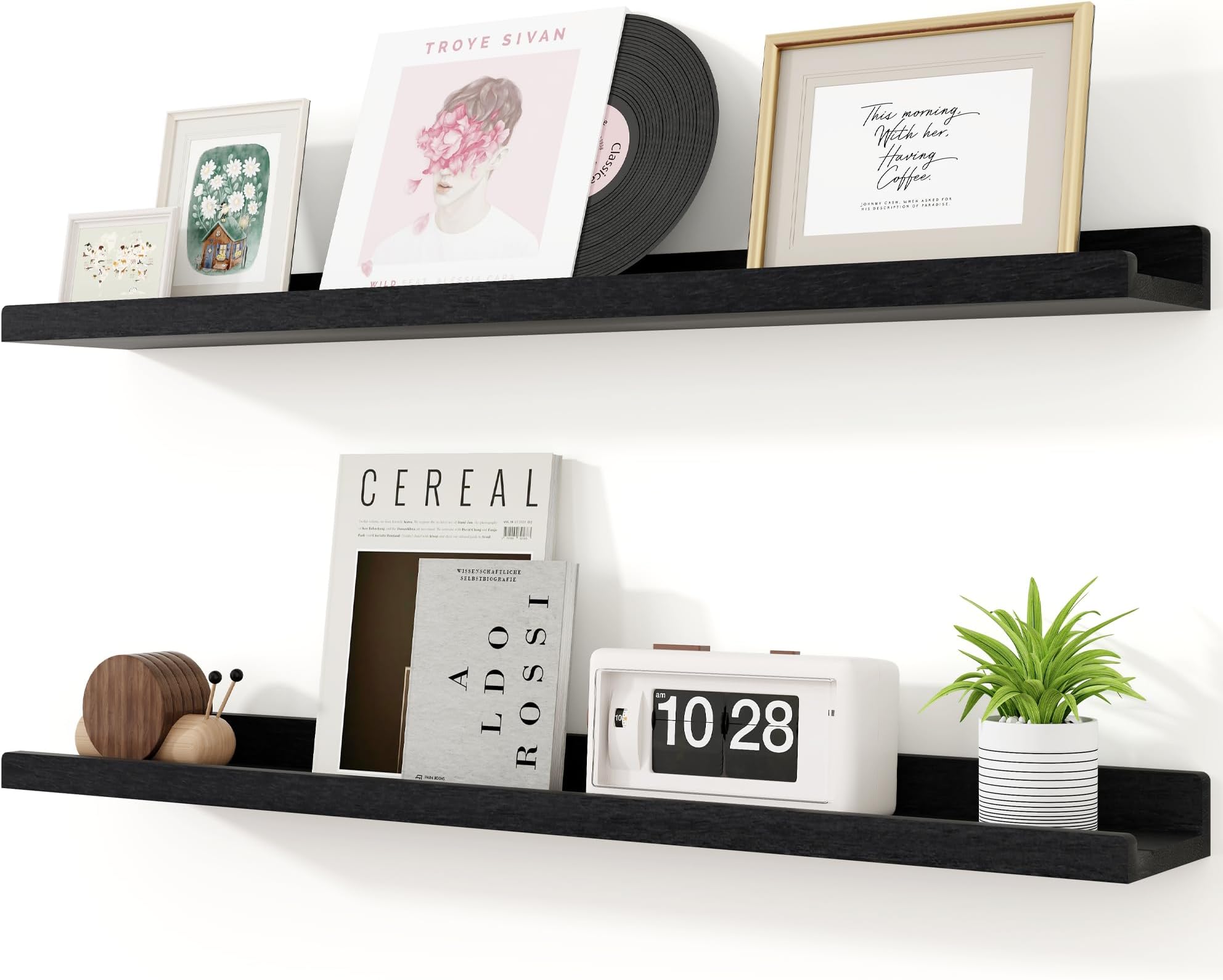 RICHFOCUS Floating Shelves for Wall, 36 inch Solid Wood Picture Ledge Shelf for Wall Storage, Nursery Book Shelves with Lip for Living Room Bathroom Bedroom Kitchen, Set of 2, Distressed Black