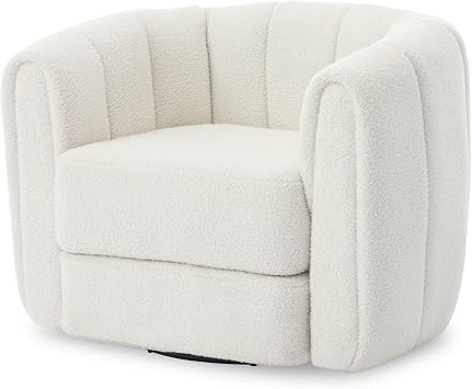 cinkehome Teddy Swivel Accent Chair Barrel Armchair, Thickened Cushion, Modern Channel Round Armchair, 360 Degree Swivel Chair for Living Room Apartment, White