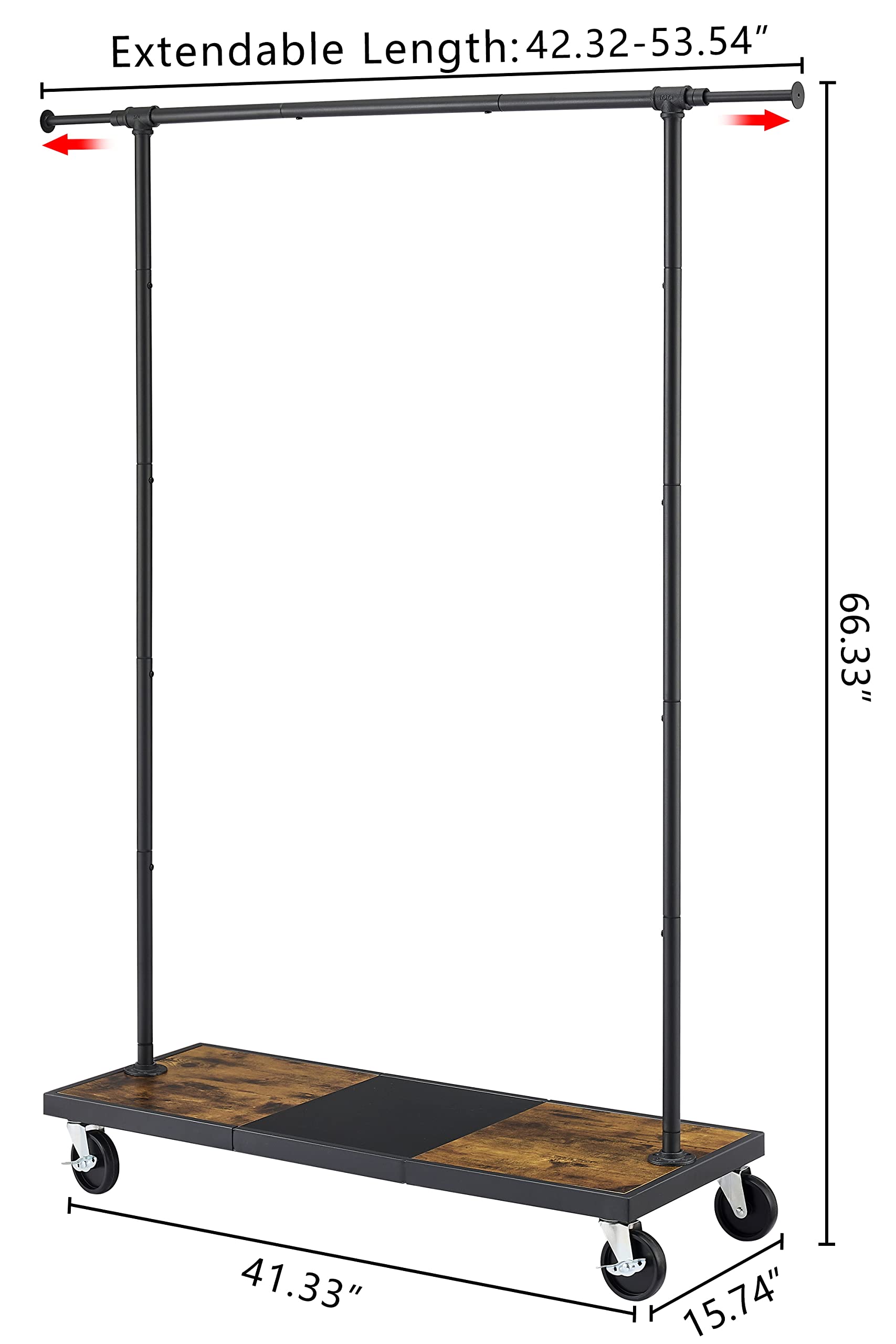 Hoctieon Extensible Clothes Rack,Heavy Duty Clothing Rack,Industrial Pipe Standard Rolling Garment Rack with Shelves,Portable Wardrobe Rack With Wheels