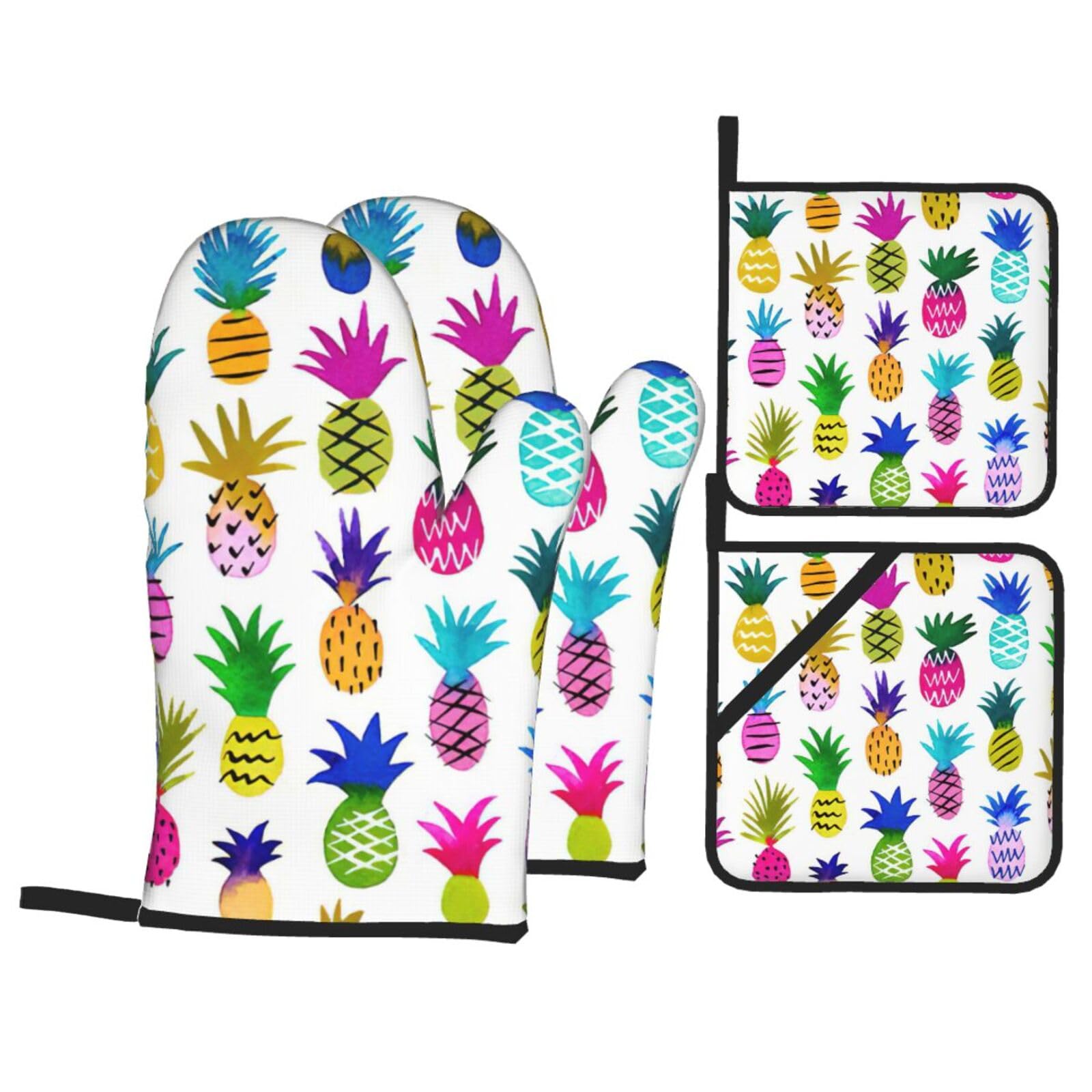 Rainbow Pineapple Print 4-Piece Oven Microwaving Set Waterproof Kitchen Gloves for Baking Grilling Cooking
