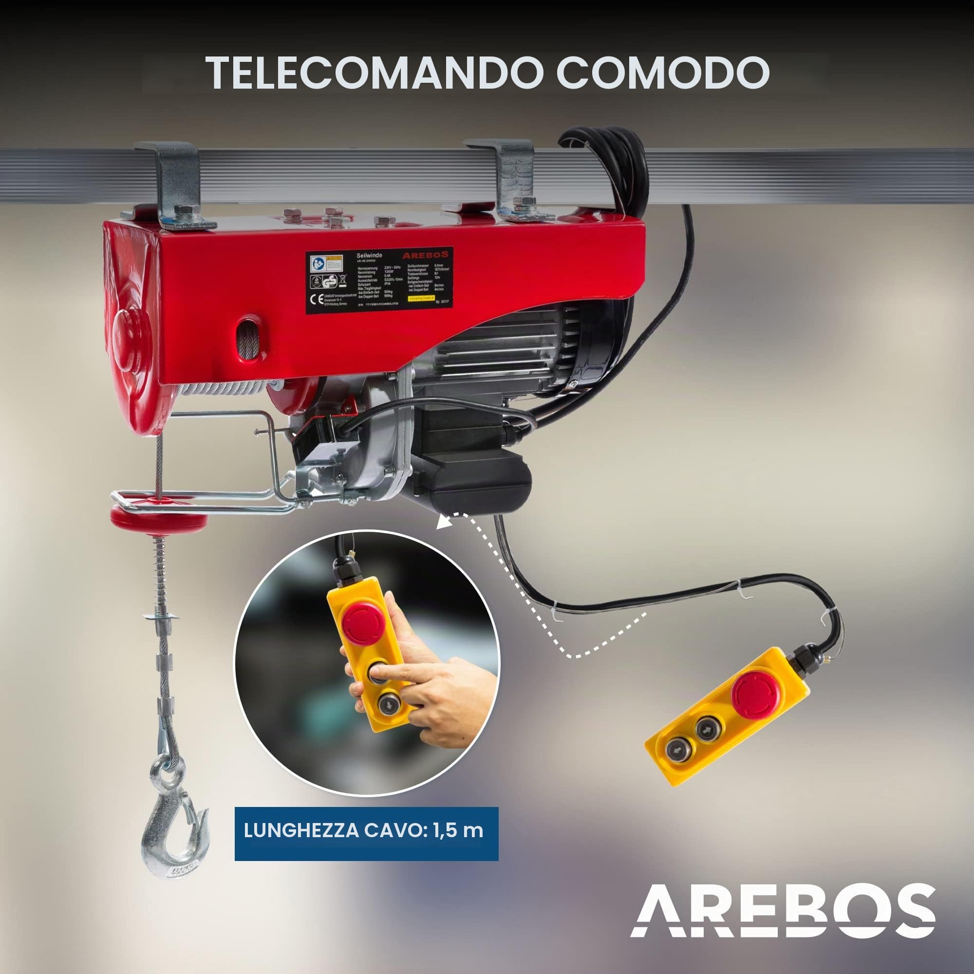 Arebos Paranco Elettrico | 500/1000 kg | 1300W | Verricello Elettrico | Montacarichi Paranchi Elettrici con Telecomando | altezza di sollevamento 12m | Verricellomontacarichi di Sollevamento