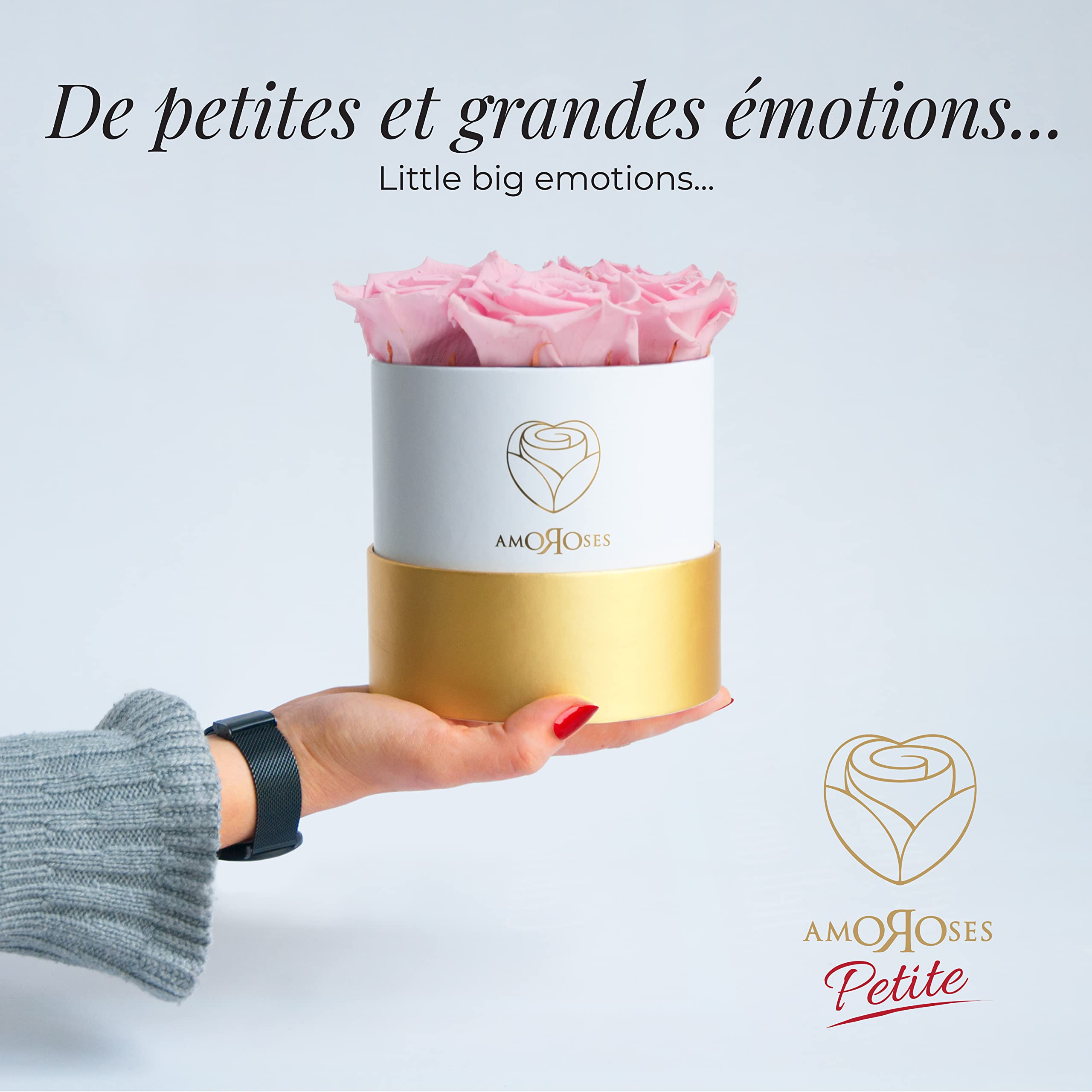 Amoroses Petite - Boîte Cadeau 5 Roses Éternelles Stabilisées - Elégant Bouquet de Fleurs Véritables | Fête des Mères (Petite Boîte Blanche avec Roses Roses)