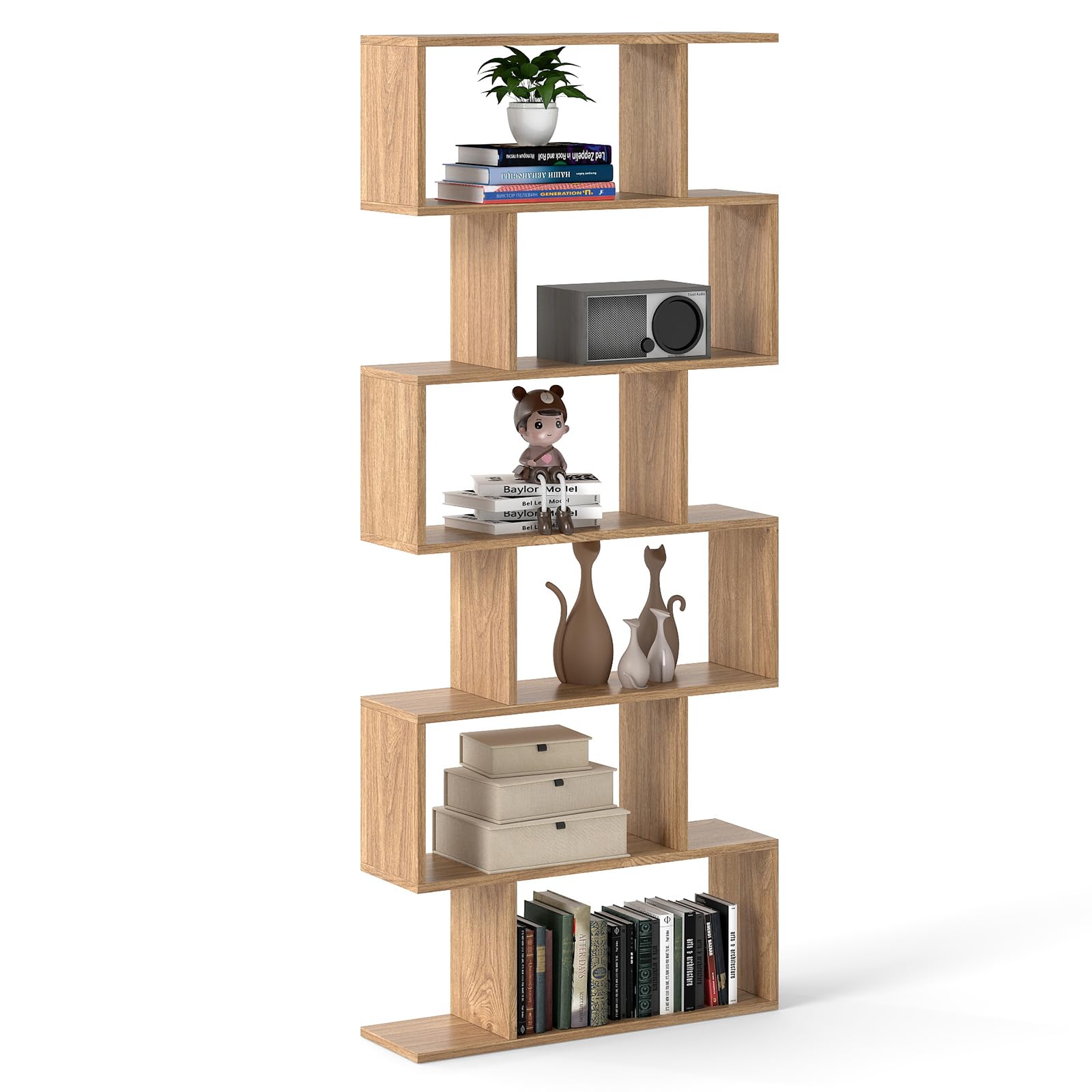 COSTWAY S-Shaped Wooden Bookcase, 5/6 Tiers Freestanding Storage Shelf, Home Office Industrial Decorative Bookshelf Display Stand Rack (Natural, 80 x 23 x 192cm) — image 1