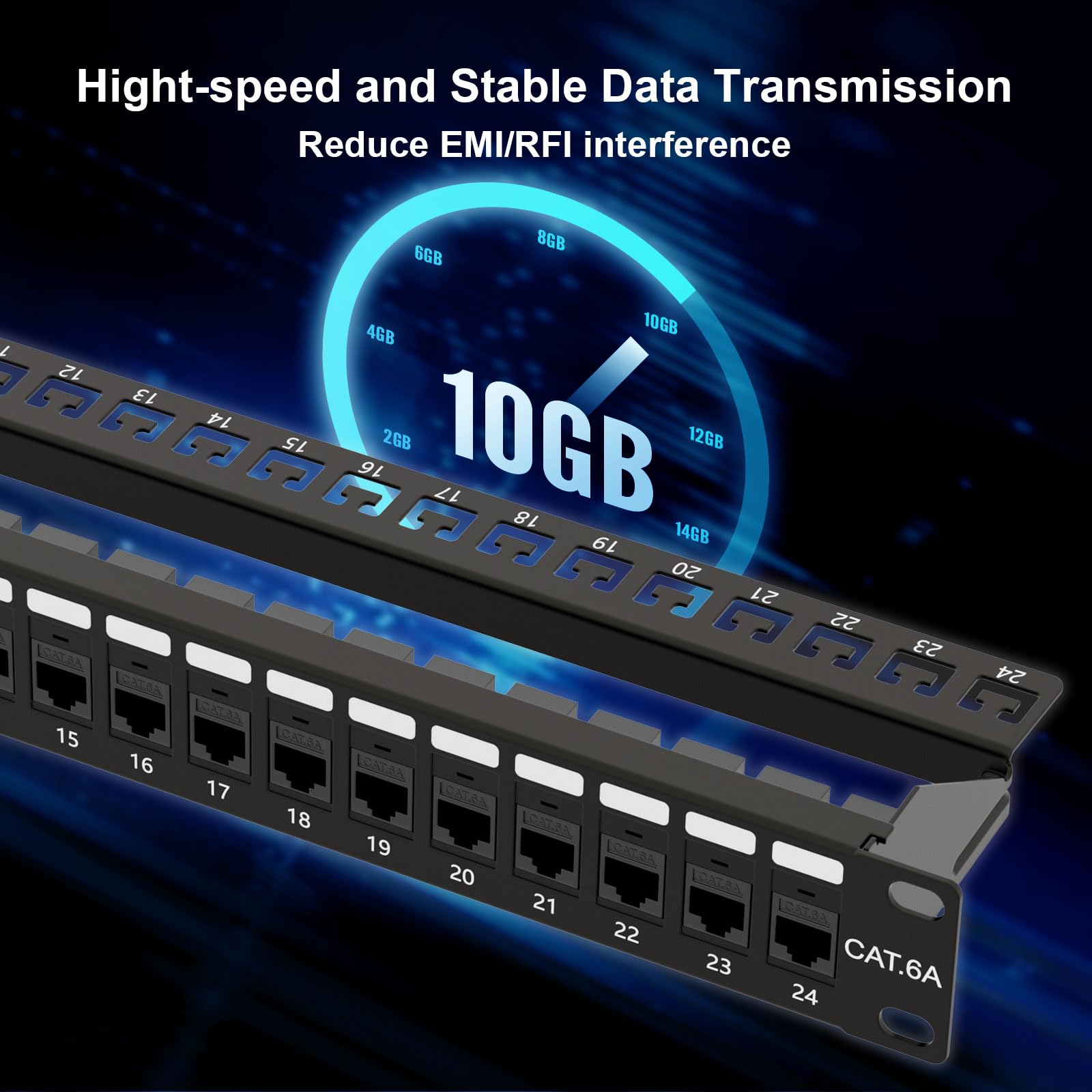 iwillink Pannello patch Cat6A da 10 Gbps a 24 porte, Keystone Patch Panel UTP da 48 cm con barra posteriore, montaggio a parete o montaggio a rack, compatibile con cablaggio Cat5, Cat5e, Cat6, Cat6A