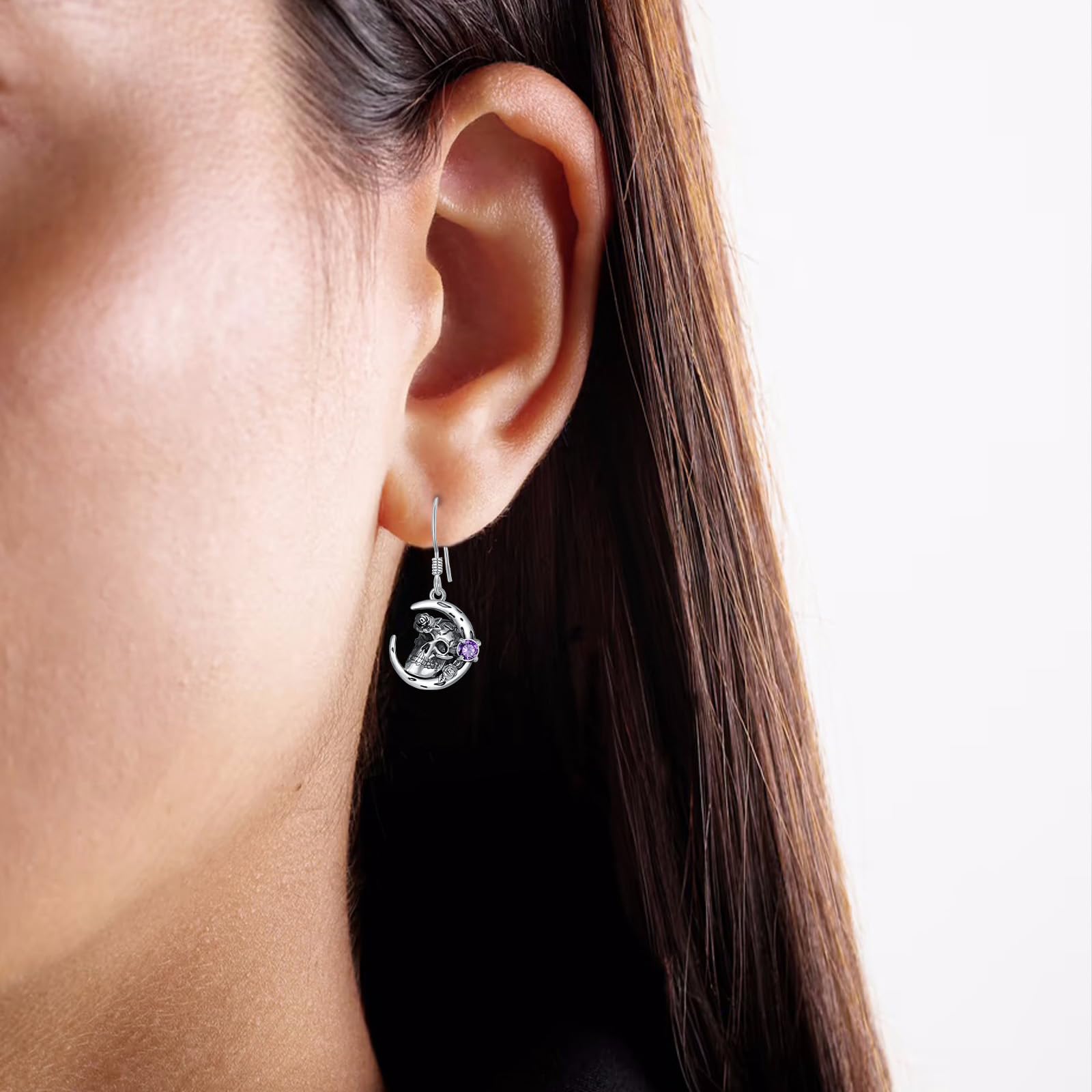 Gothic Moon Skull Rose Drop Earrings, 925 Sterling Silver Natural Amethyst Dangle Earrings, Punk Vintage Jewelry Unique Gift for Women