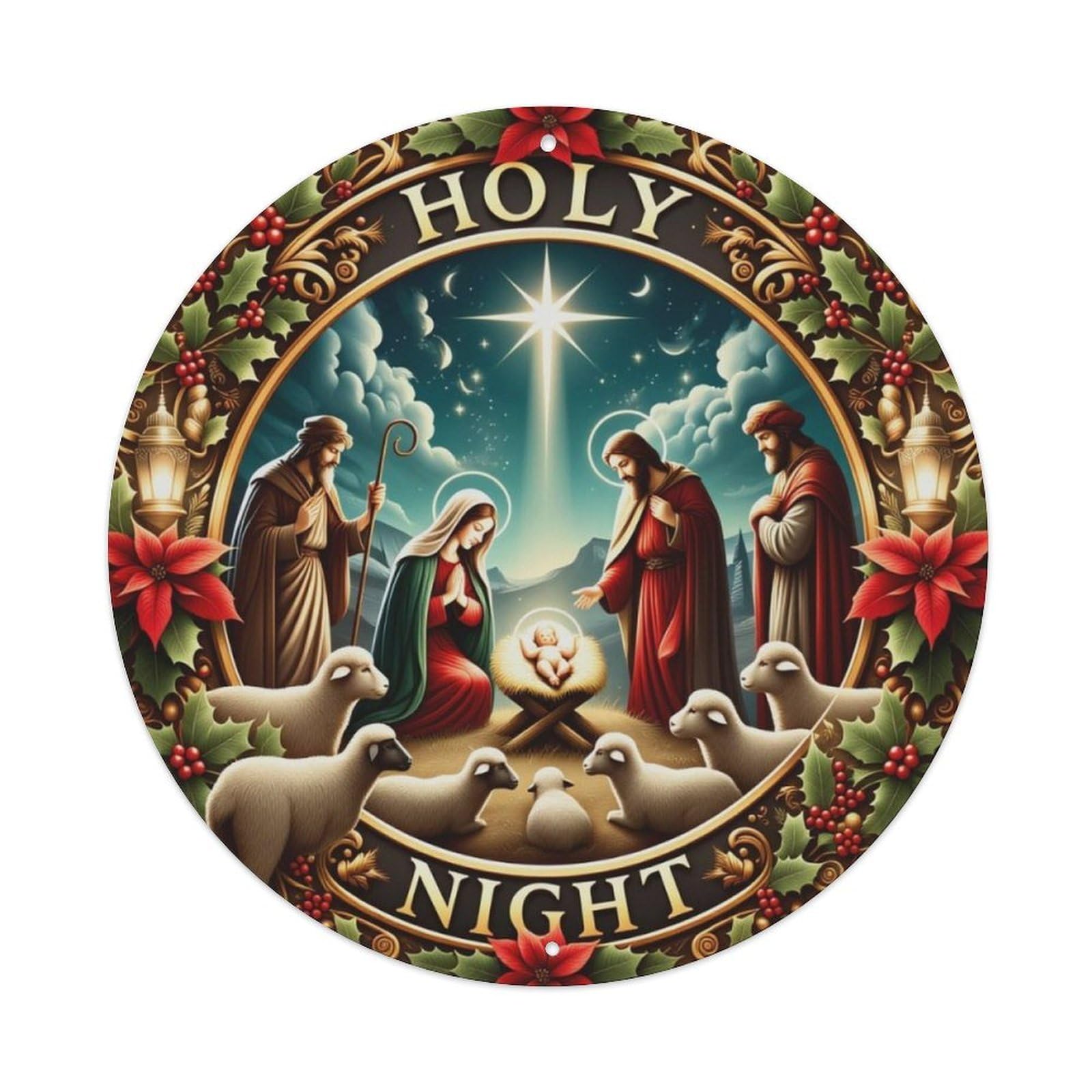 Holy Night Nativity Scene Round Decor Sign Vintage Aluminium Metal Sign, Retro Wall Decor for Home, Bar, Garage & Farmhouse 20x20cm