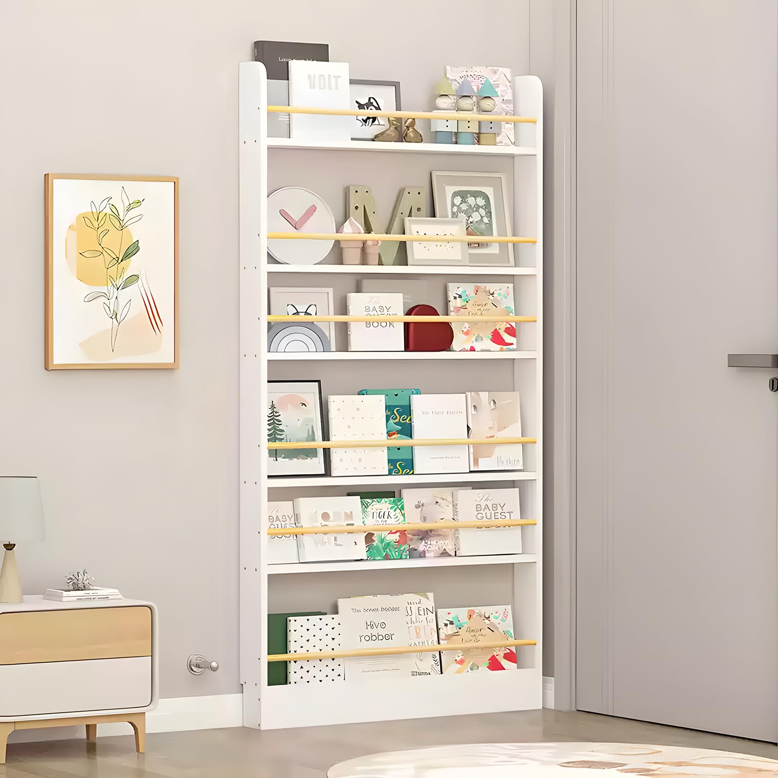 YKLYTBD Behind The Door Bookshelf, Wooden Behind Door Bookshelf 6-Tier, Space-Saving Kids Bookcase Book Shelf Organizer Storage for Toys and Books