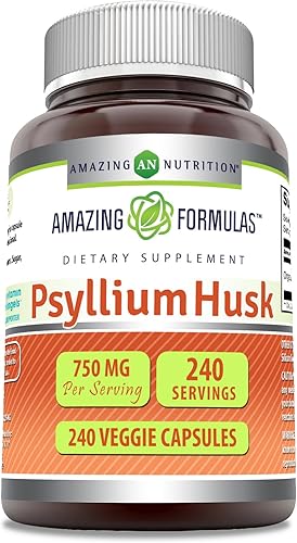 Amazing Formulas - Suplemento de cápsulas vegetales de cáscara de psyllium de 750 mg  Sin OMG  Sin gluten  Fabricado en Estados Unidos  Adecuado