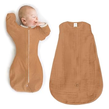 SwaddleDesigns Baby Sleep Sack Set, Butterum, 0-3 Mo Transitional Swaddle Sack with Arms Up Half-Length Sleeves & Mitten Cuffs and 0-6 Mo Cotton Muslin Wearable Blanket with 2-Way Zipper