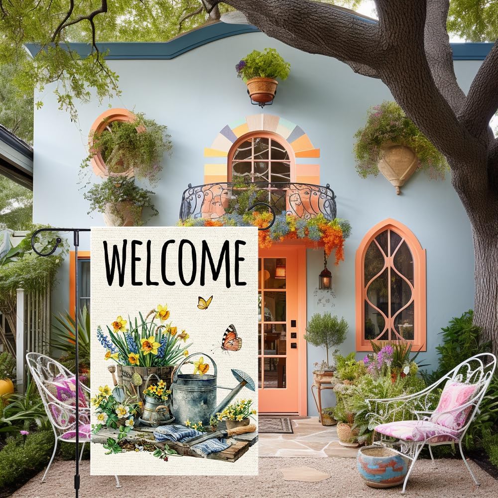 Welcome Spring Garden Flag Colorful Floral Small Home Yard 12x18 Inch Double Sided Burlap Butterfly Outside Lawn Flags - Image 2