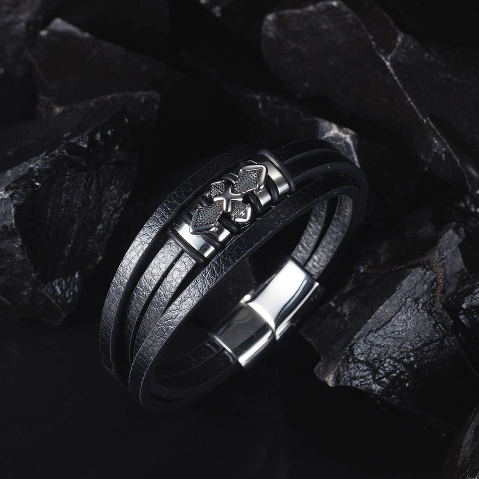 Pulsera de Hombre Pulsera de Cuero Pulsera de Acero Inoxidable Pulsera Trenzada Patrón Vintage Pulsera de Cuero Cruzado
