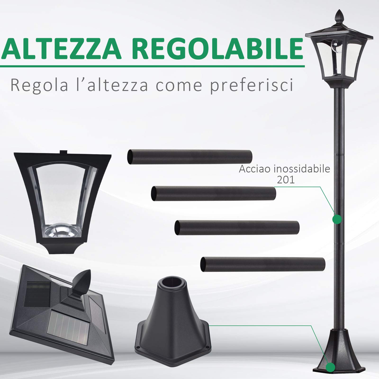 Outsunny Set 2 Lampioncini Solari da Esterno IP44 18x18x160 cm Nero | Lampade da Giardino, a Energia Solare, Impermeabili