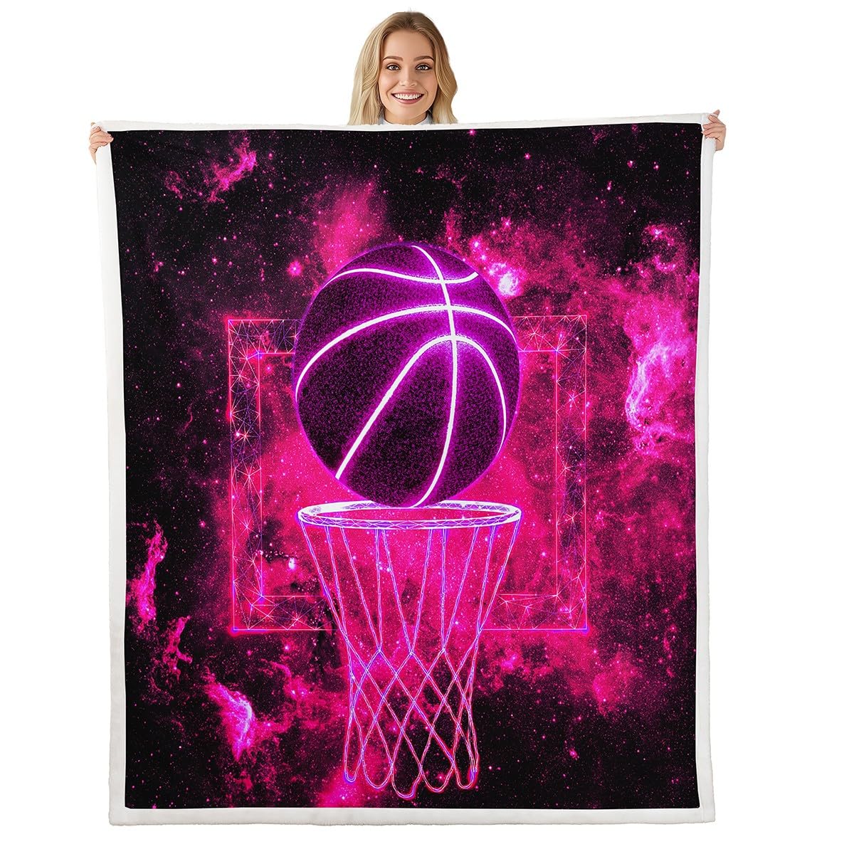 feelingyou Pink Neon Light Basketball Throw Blanket Geometric Grid Basketball Net Fleece Blanket for Kids Girls Teens Adults Sports Theme Starry Galaxy Bed Blanket for Bed Couch Queen