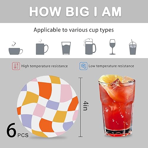 Miniatura 4 de Juego de 6 posavasos para bebidas, retro, ondulados, absorbentes, redondos, de cerámica, con base de corcho y soporte de metal, decoración de bar