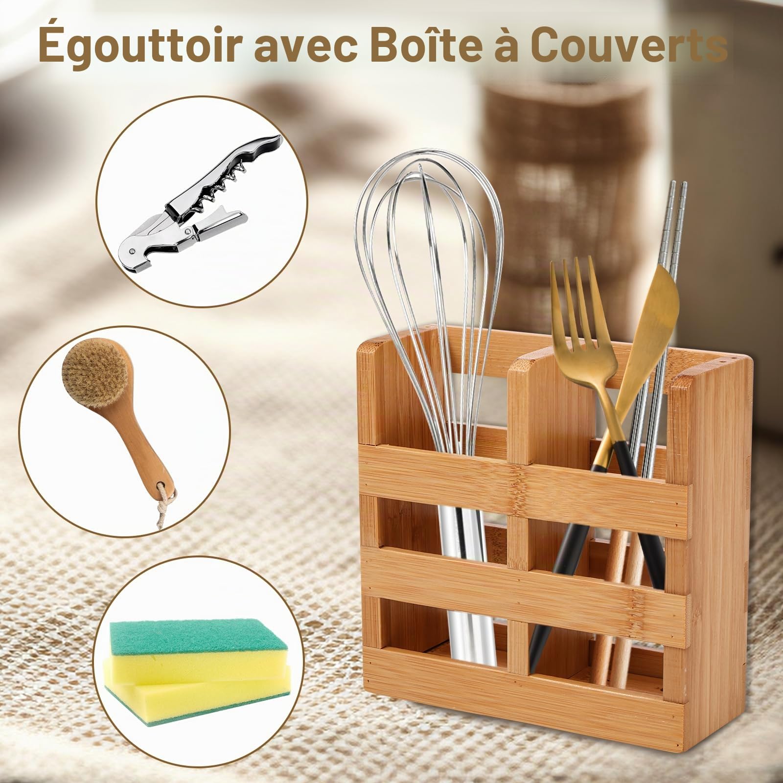 Égouttoir à vaisselle en bambou avec 20 emplacements, bol et support à vaisselle à 2 niveaux avec boîte à ustensiles, étagère de rangement pliable pour bols et assiettes, étagère de cuisine