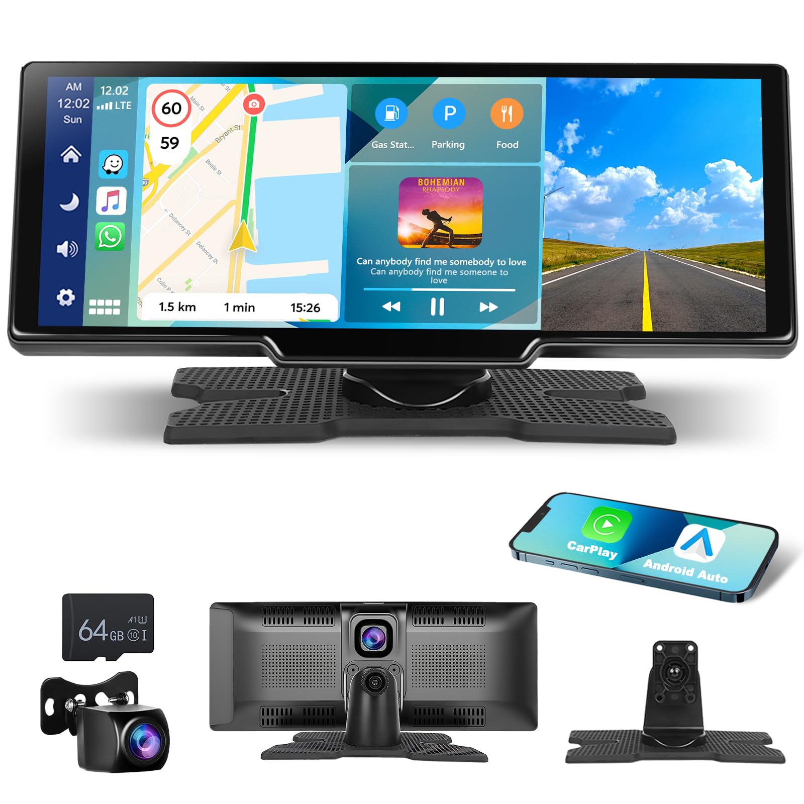 Écran Portable sans Fil 10.26" CarPlay Voiture avec 2,5K Dashcam & 1080P Caméra de Recul, Ecran Carplay MirrorLink, Navigation GPS, Siri G00gle Assistant Vocal, Bluetooth, FM, Aux, 64G TF Carte