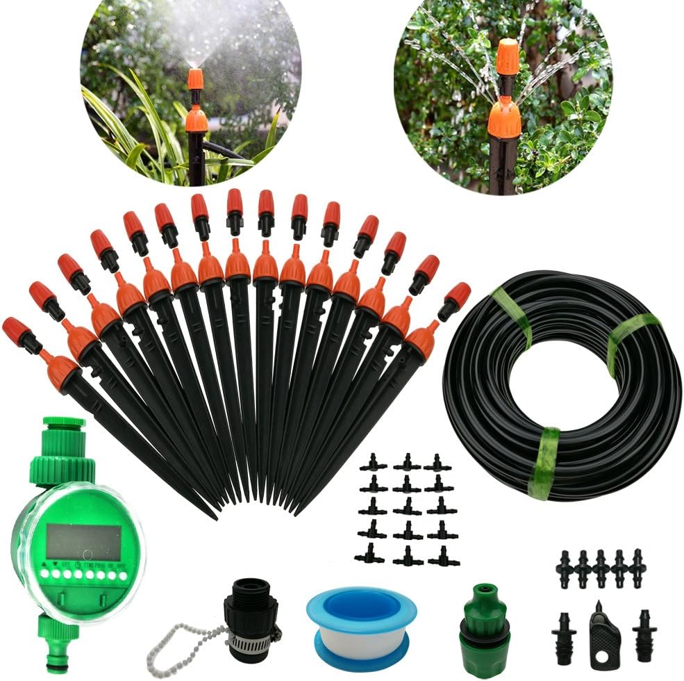DIY 50FT Micro Drip Irrigation System with Hose Faucet Timer Dripper Sprinkler Plant Irrigation Kit Irrigation Pipe, Irrigation Spray for Flower, Lawn, Patio, Garden Greenhouse Plants