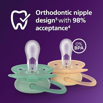 Philips Avent Ultra Soft Soothers - Orthodontic Design, for Babies 6-18 Months, Flexible Shield, Silicone Symmetrical Teat, BPA-Free, 2 Sterilizing Cases, 4 Pack, SCF091/53