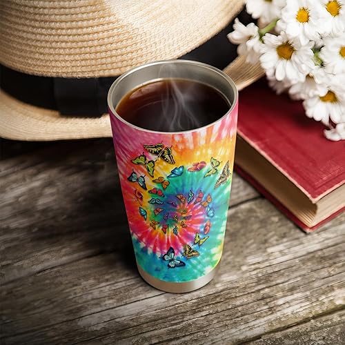 Miniatura 4 de Vaso de 20 onzas con diseño de mariposa teñido anudado colorido, regalos para amantes de las mariposas, termo de café para mujeres, taza de café de