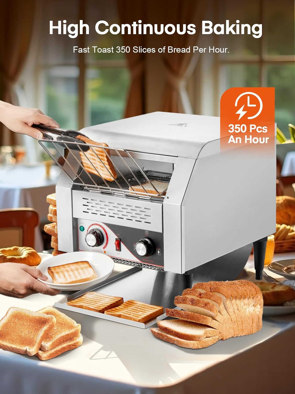 Commercial Conveyor Toaster, 350 Slices/Hour Electric Stainless Heavy Duty Restaurant Toaster, with Dual Heating Tube, 7 Browning Levels, for Bagel, Restaurant, Bakery Cafe, Silver