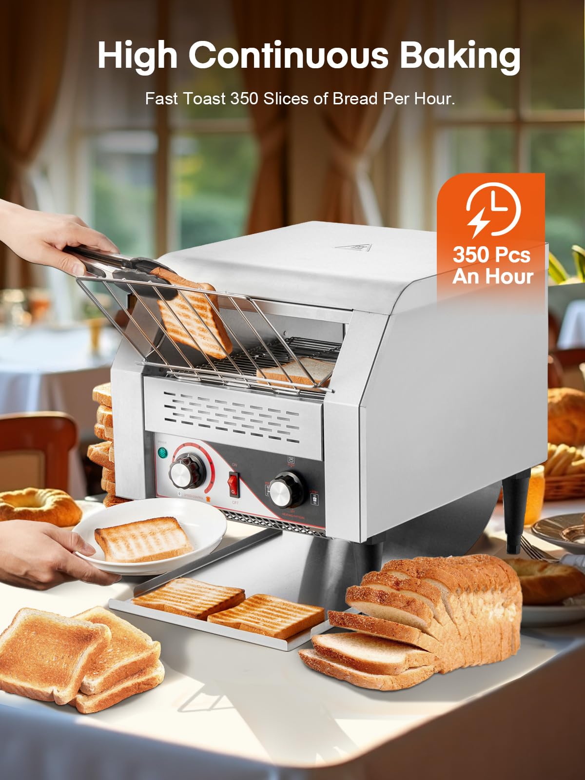 Commercial Conveyor Toaster, 350 Slices/Hour Electric Stainless Heavy Duty Restaurant Toaster, with Dual Heating Tube, 7 Browning Levels, for Bagel, Restaurant, Bakery Cafe, Silver