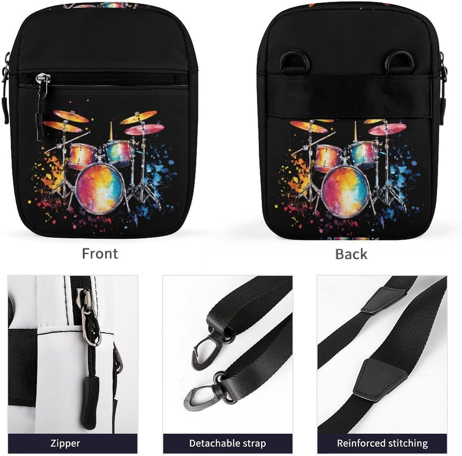Watercolor Drum Splashes Small Crossbody Bag Sling Shoulder Satchel | for women men,work travel workout,detachable and adjustable shoulder strap