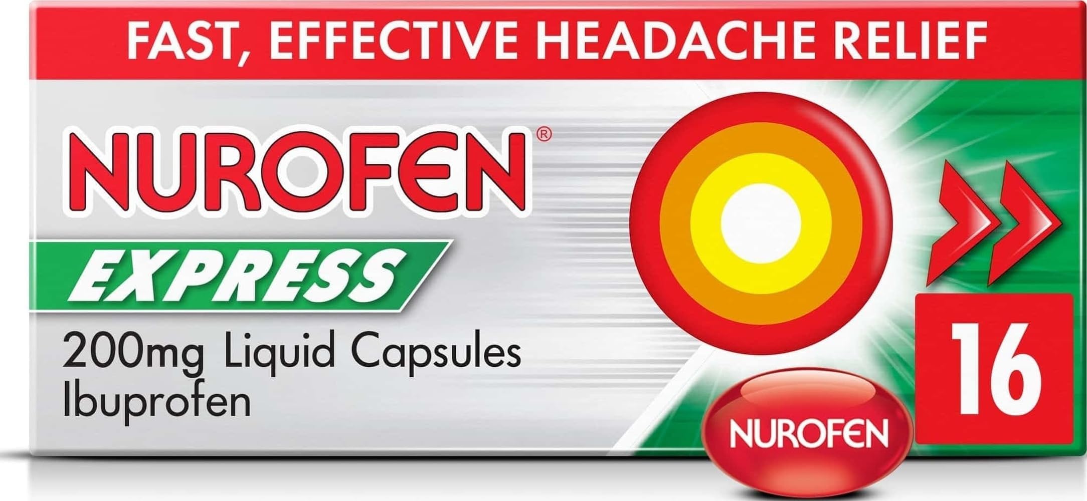 Express Ibuprofen Liquid Capsules 200mg, 16 Count - Fast-Acting Relief for Period Pain, Headaches, Migraines, Cold & Flu Symptoms