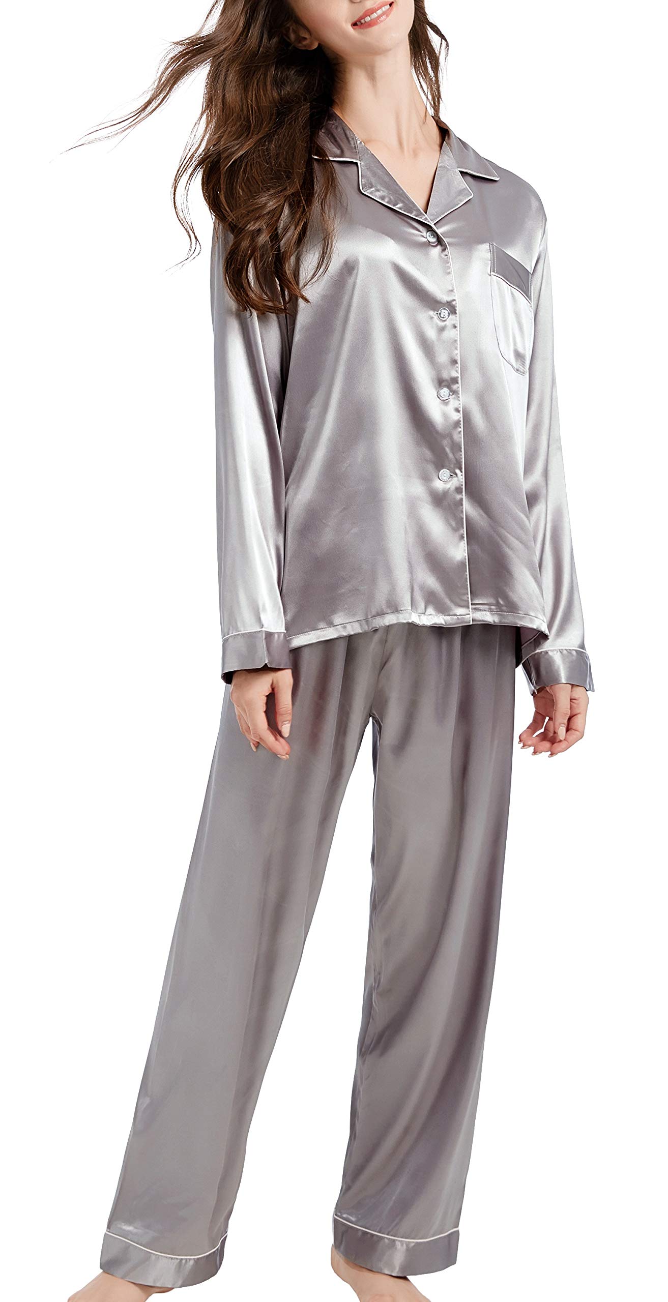 Women's Pyjama Set Satin Long Sleepwear Nightwear Loungewear (Gray, Medium)
