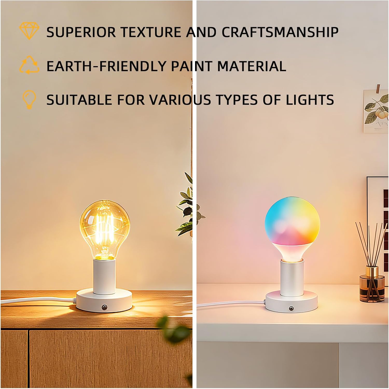2Pack Table Lamp Base E26 Screw Light Bulb Socket Night Light Base | White Polished Screw Light Bulb Socket for Holding Bulb, Base Replacement with 6 Feet Cord, On/Off Switch & US Plug