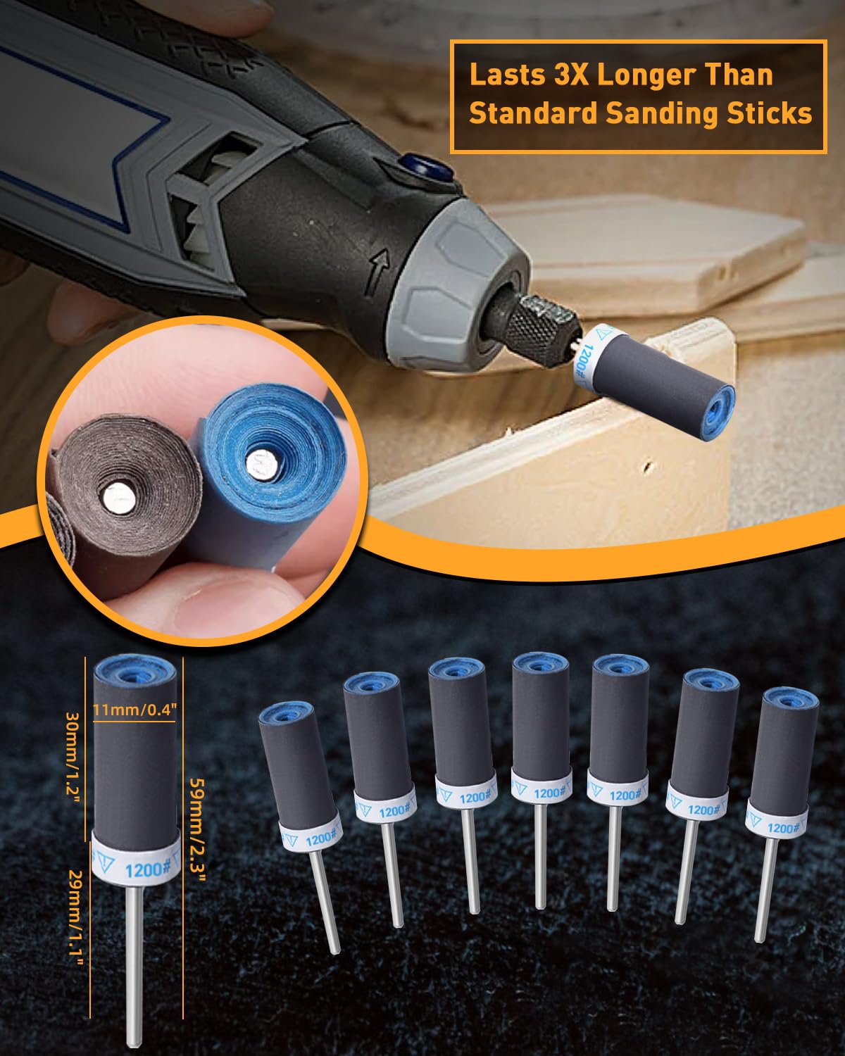 FOTYBEI 15Pcs 1200 Grit Sanding Drums Sandpaper Sticks Set for Dremel Rotary Tool Accessories with 1/8" Shank - Image 2