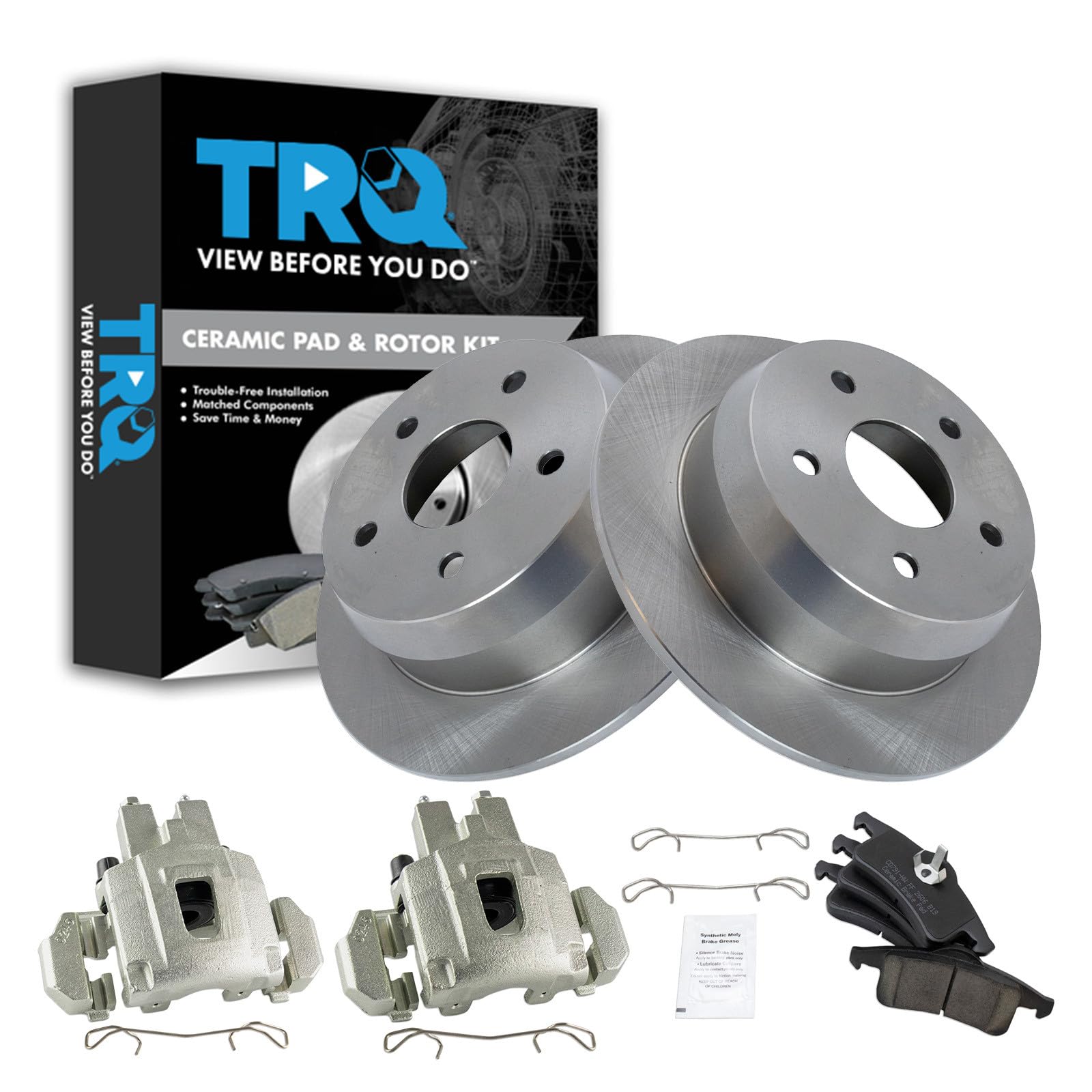 TRQ Rear Brake Pad and Rotor Set Ceramic Solid Rotors Calipers