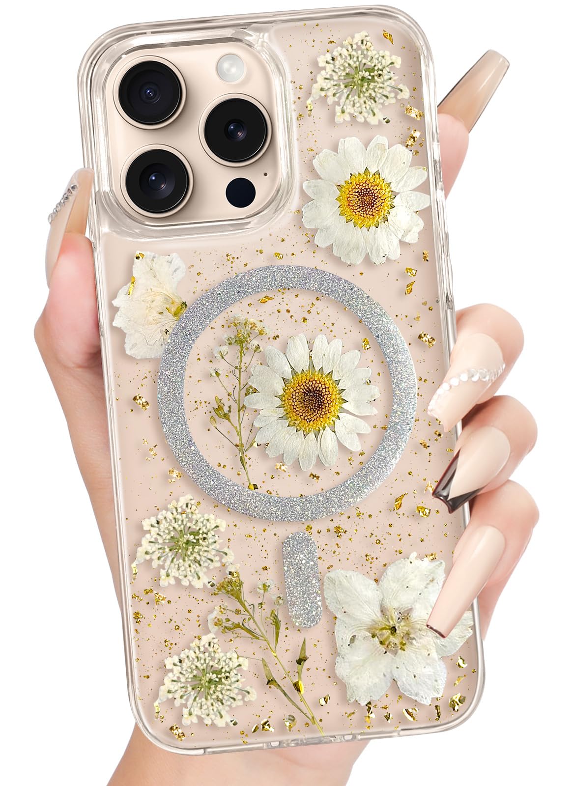 Loheckle for iPhone 16 Pro Case Women - Compatible with MagSafe Girls Cute Glitter Dried Flower Floral Girly Aesthetic Sparkle Unique Design Handmade