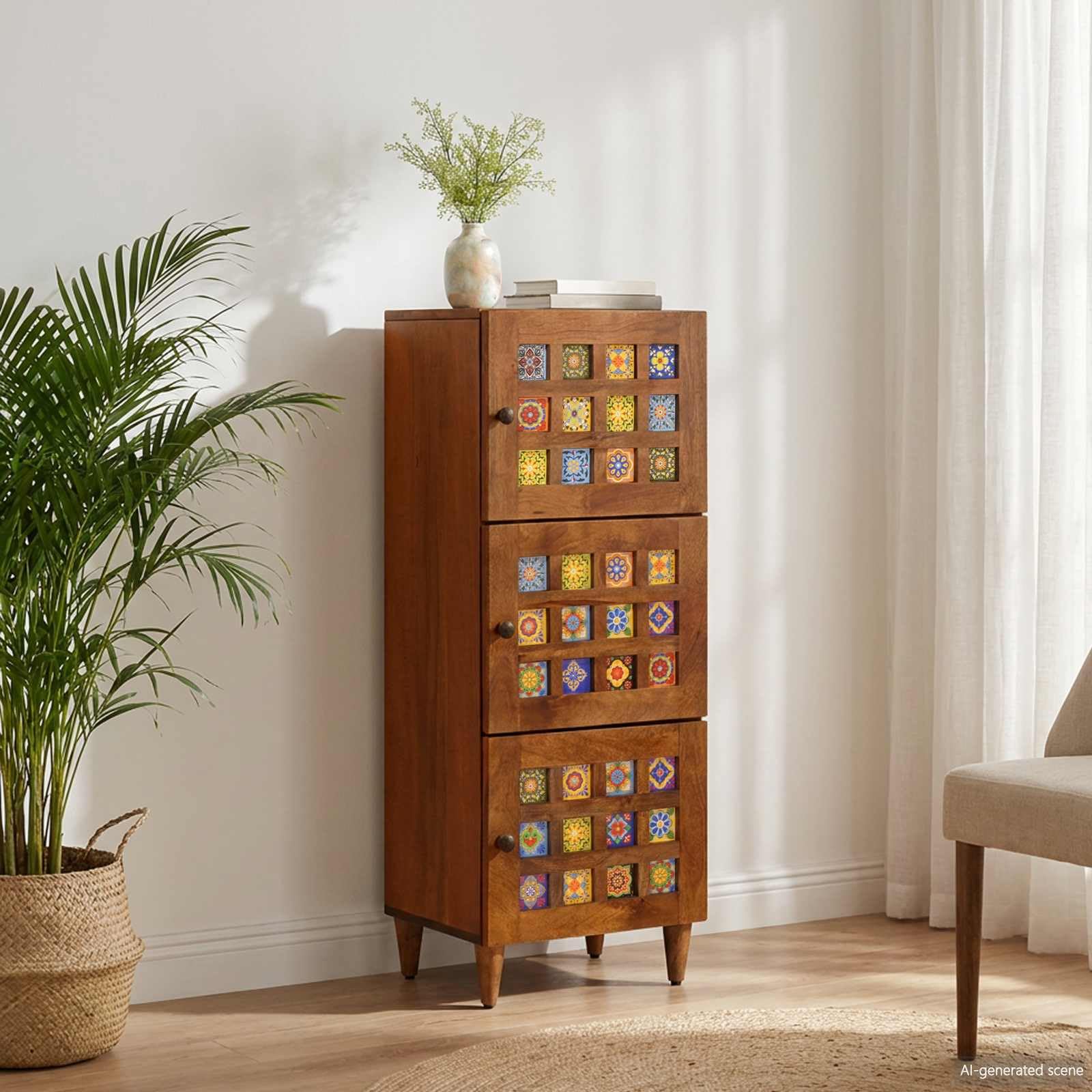 vidaXL Haut Armoire Noyer 40 x 33 x 110 cm Bois de Mangue Massif, Buffet Moderne élégant, Rangement Pratique pour Une Salle à Manger stylée, Un Espace Bien organisé
