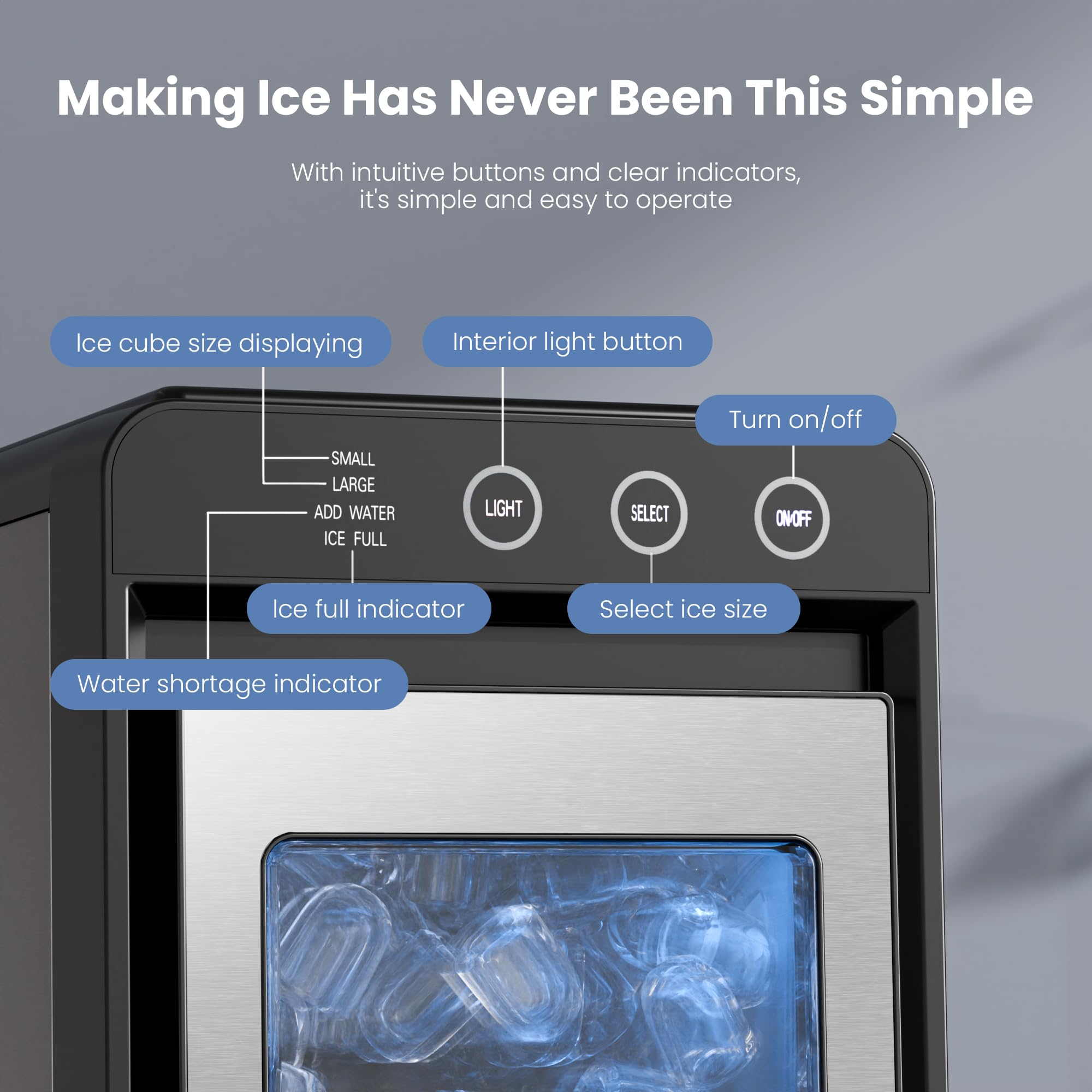 Electactic Ice Makers Countertop,26lbs/24h,8pcs In 6mins,Portable Ice Maker Machine With Self-Cleaning,Interior Lighting,2 Sizes Of Bullet Ice For Home/Office/Party(Stainless Steel) on Fridge.com - View 6
