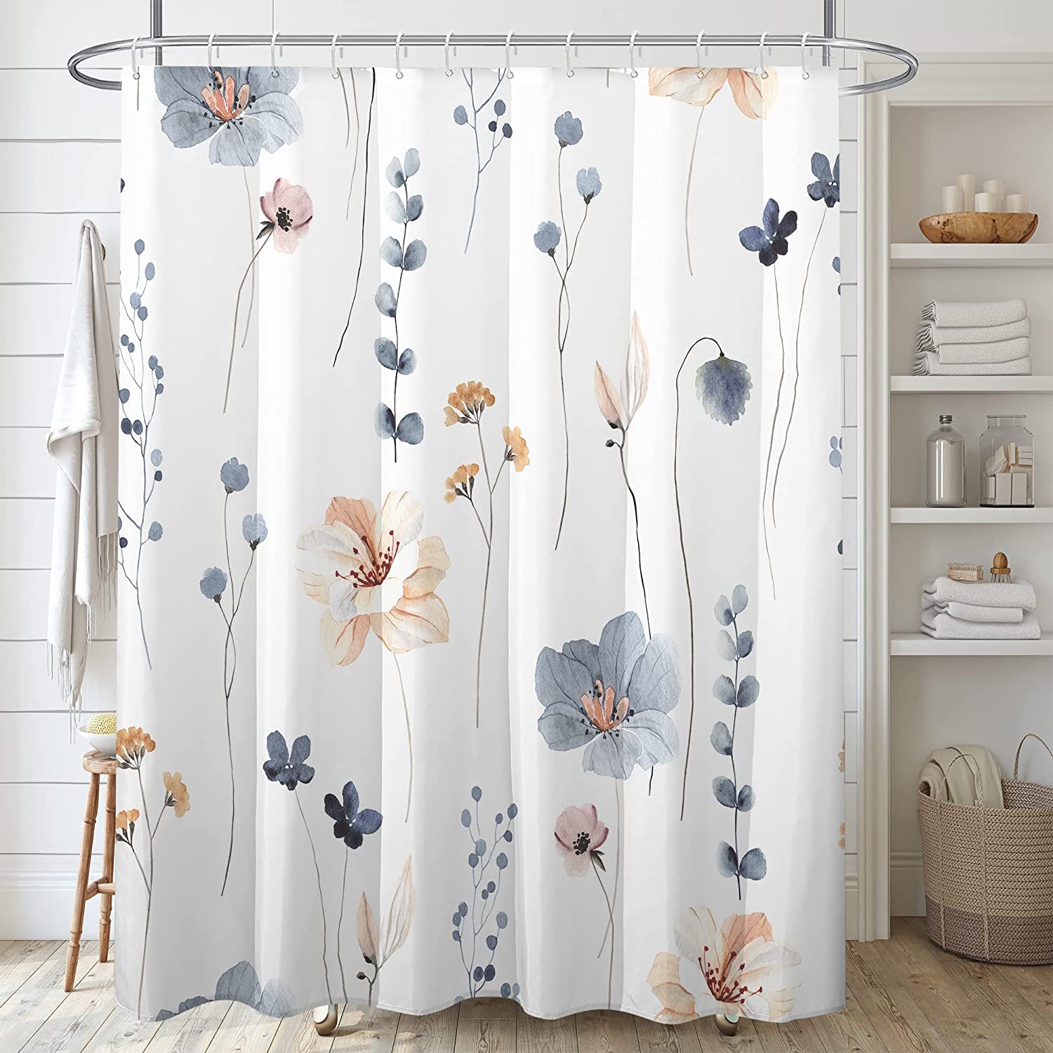 Watercolor Floral Shower Curtain Sets,Blue Beige Flowers Bathroom Curtains,Modern Minimalist White Bath Curtain, Waterproof Fabric with 12 Hooks 180x200 cm