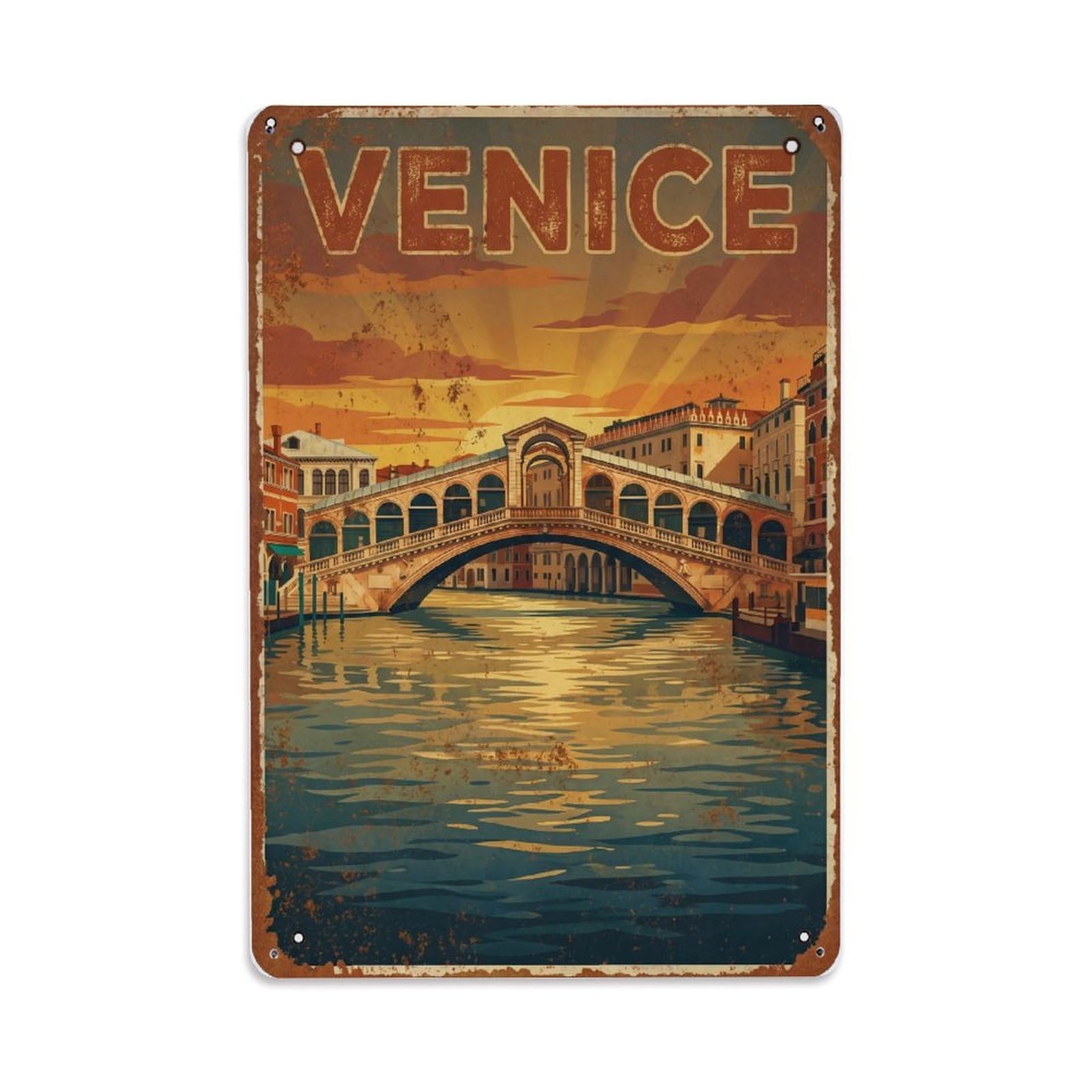Vintage Travel Venice Rialto Bridge Sunset Rusted Italy Metal Tin Sign Plaque Wall Decor for Cafe, Club Bar, Office, Home Garden Metal Poster 8x12Inch