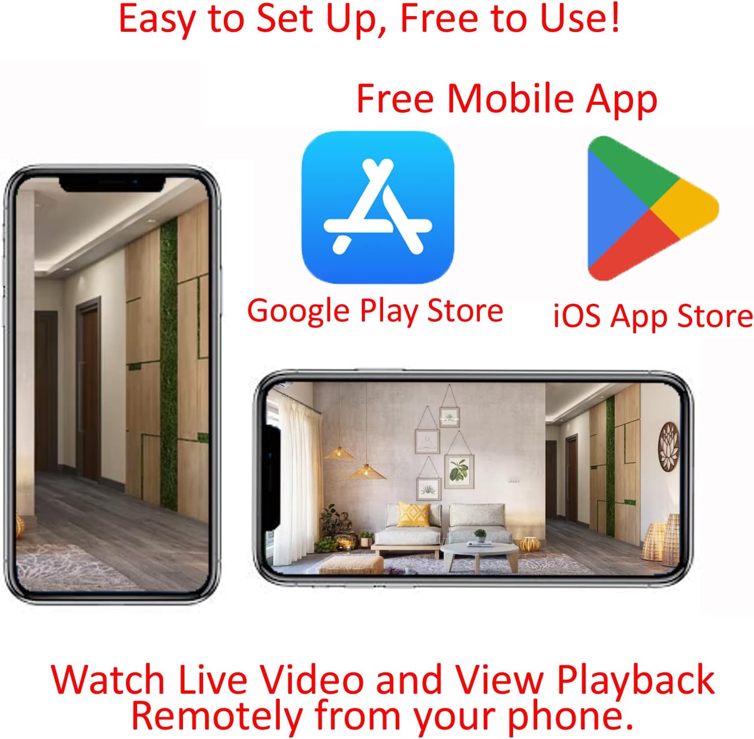 Smartphone screens displaying live video feeds, with icons for Google Play Store and iOS App Store, indicating mobile app availability.