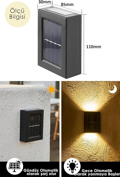 4 Ledli Solar Çift Taraflı Duvar Lambası Güneş Enerjili Aydınlatma Dekorasyon Aplik Işık