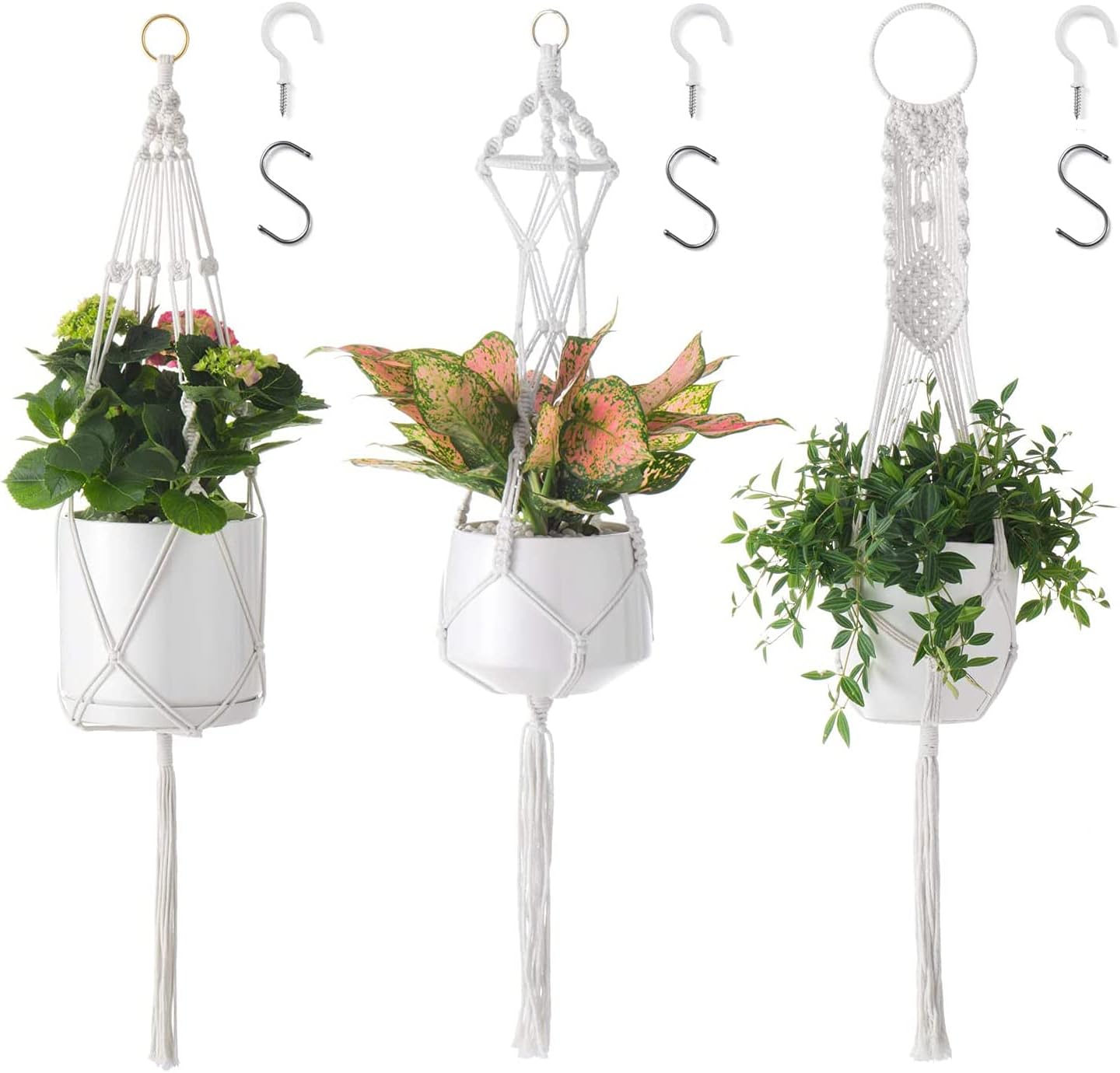 FairyLavie Macrame Plant Hangers, Set of 3 Indoor Hanging Planter Basket with Hooks Handmade Cotton Rope Flower Pot Holder for Indoor Outdoor Home Decor with 6 Hooks