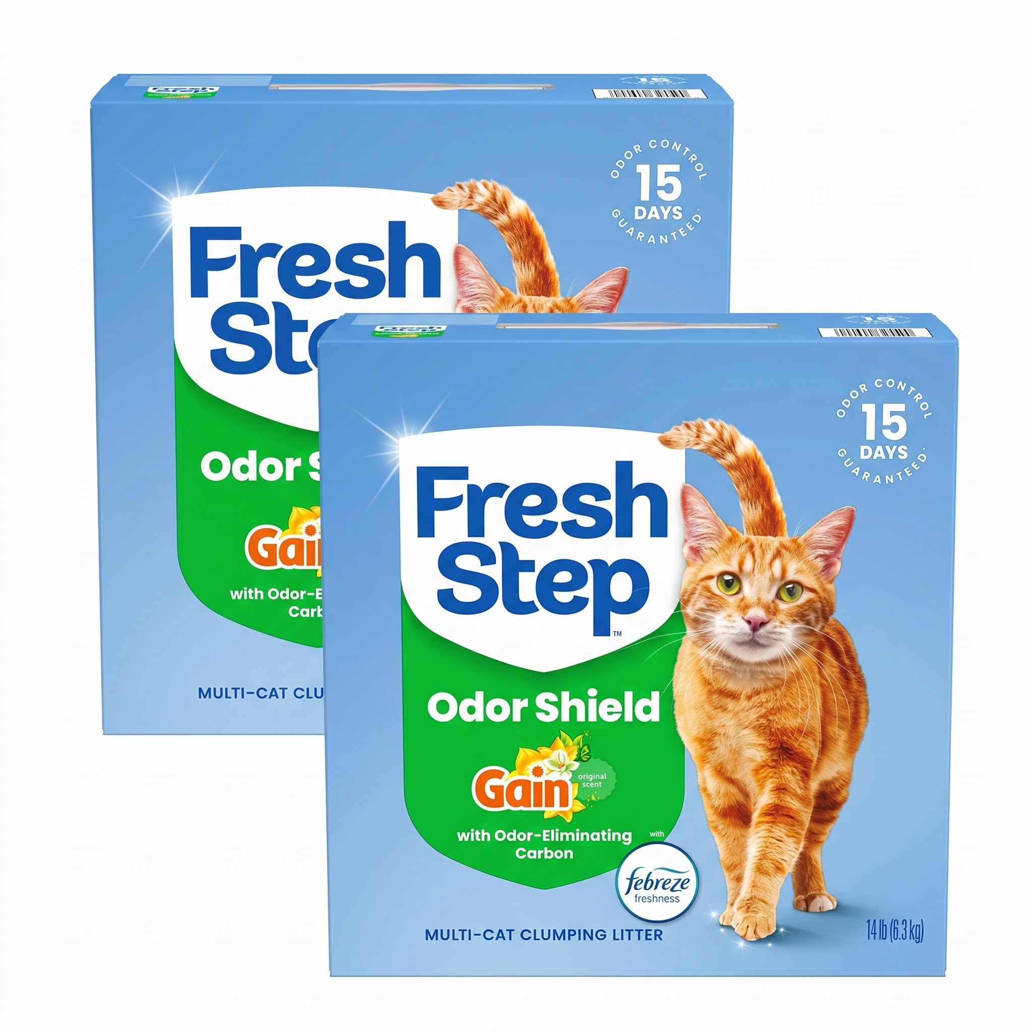 Fresh Step Odor Shield Multi Cat Clumping Cat Litter with Febreze Freshness in Gain Scent, Low Dust, Odor Control with Ammonia Block Tech, Compatible in Automatic Litter Boxes, 14 lb. (Pack of 2)