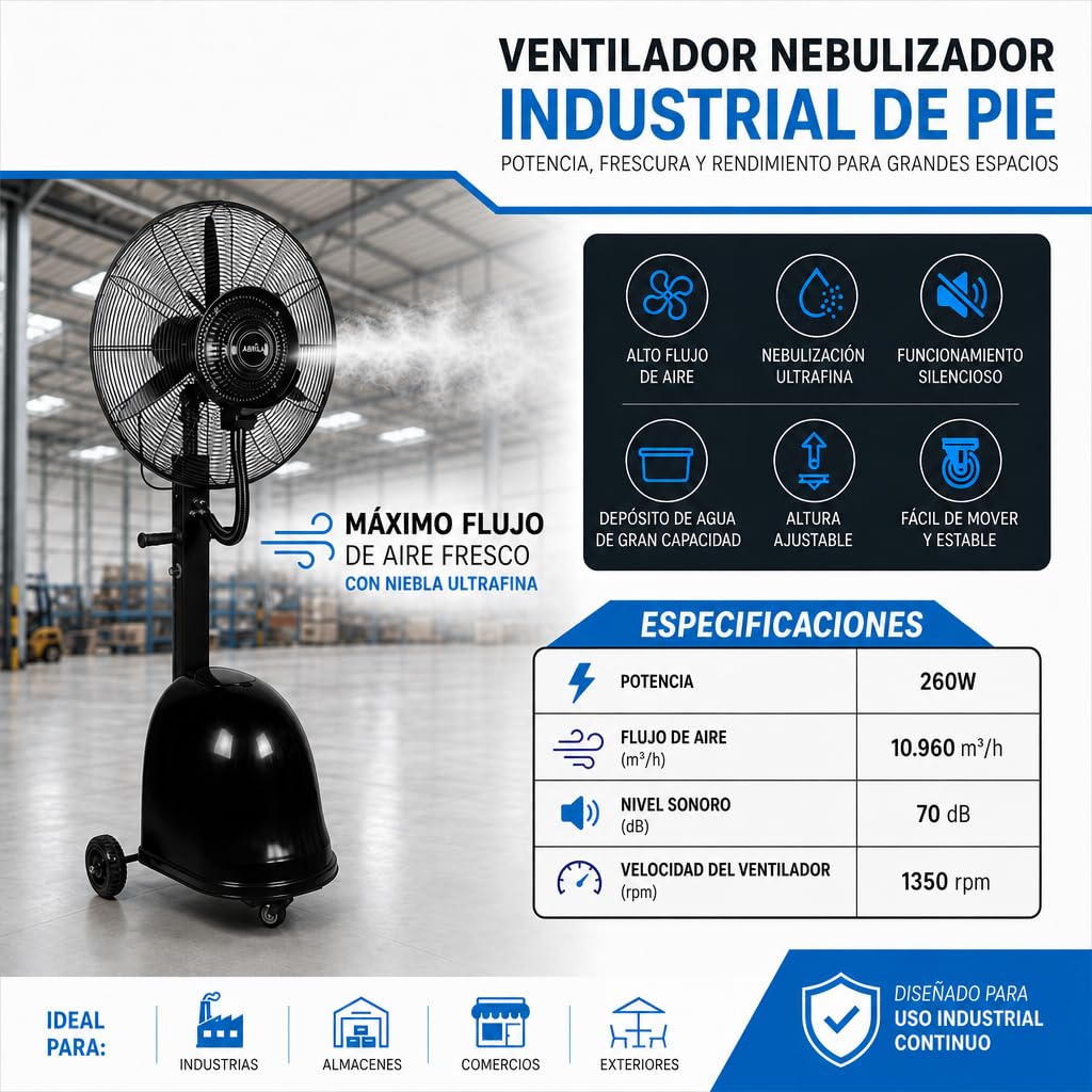 Ventilador de Pie Industrial 170 cm con Nebulizador y Depósito de Agua 42 L – 240W, 3 Velocidades, Flujo 9.870 m³/h, Alcance 11 m, Fijo y Rotatorio, con Ruedas, Negro (49 L / 10960 m3/h)