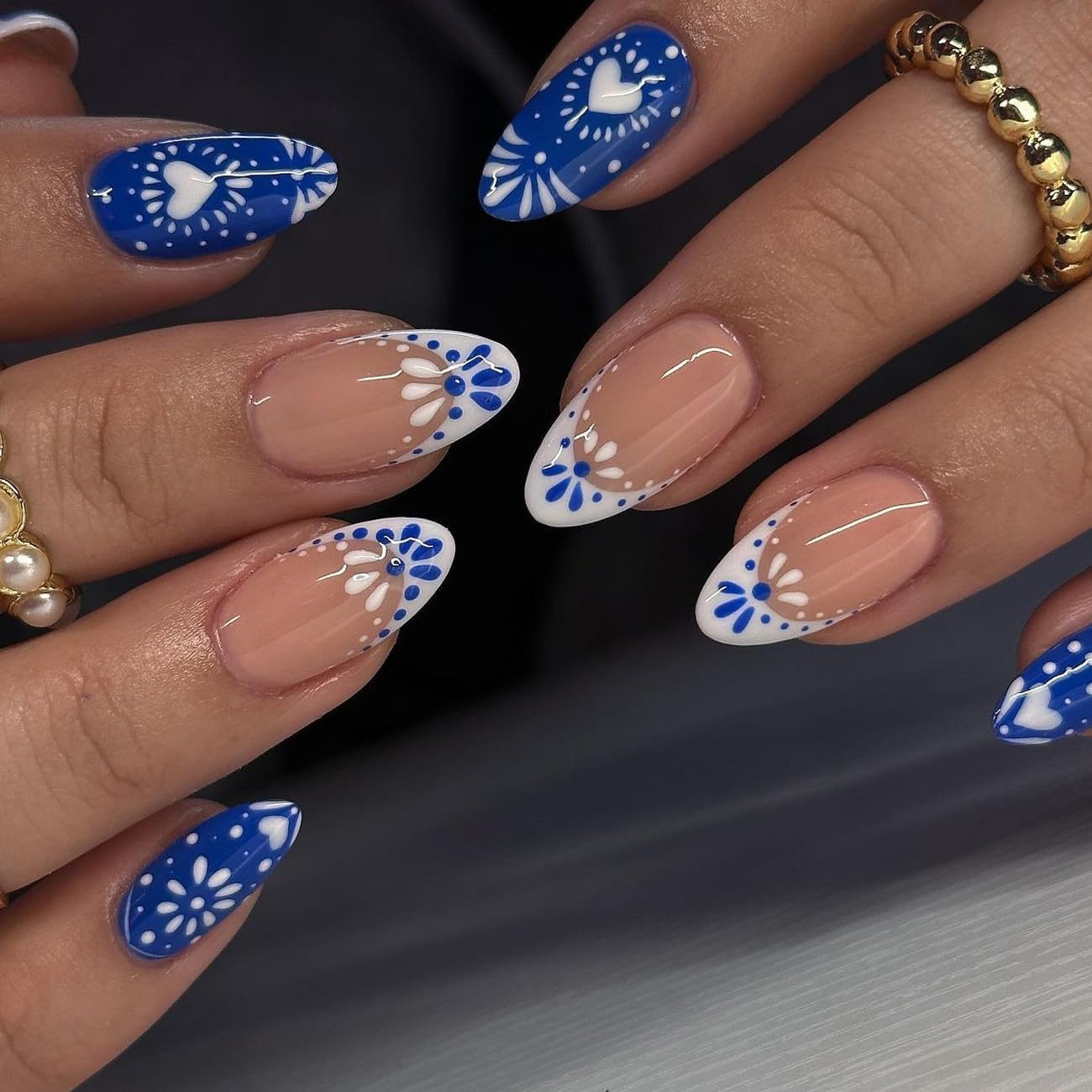 Short Almond Press on Nails French Tip Press on Nails Boho Chic Fake Nails with Heart Tribal Patterns Designs Blue Nude Skin Color Acrylic Nails Full