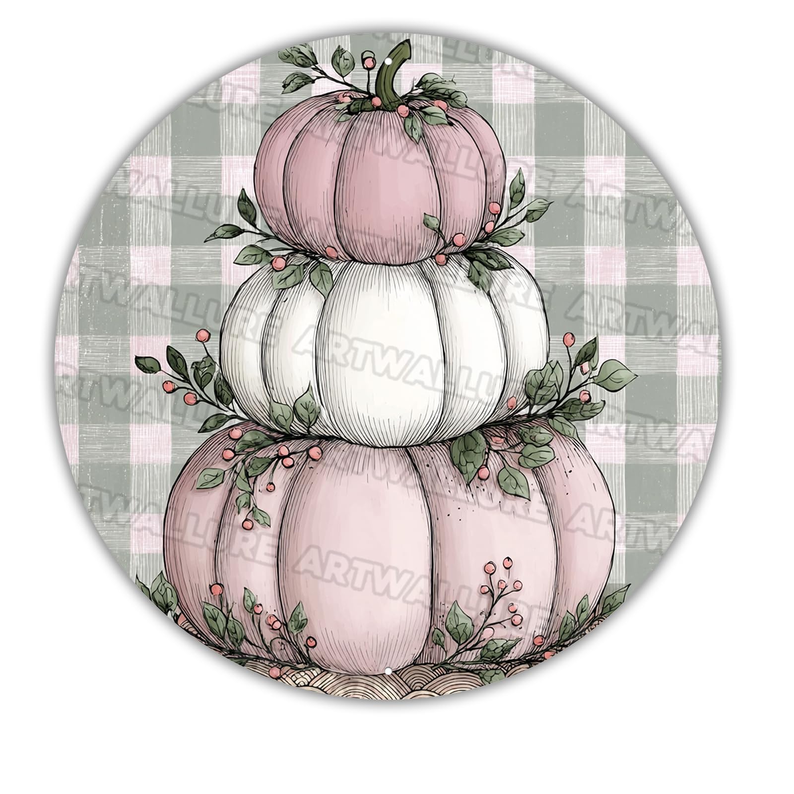 Fall Pink White Pumpkin Patch Metal Tin Sign Vintage Retro Wall Art Autumn Eucalyptus Leaves Farmhouse Decor Thanksgiving Outdoor Home Decoration 12x12inch