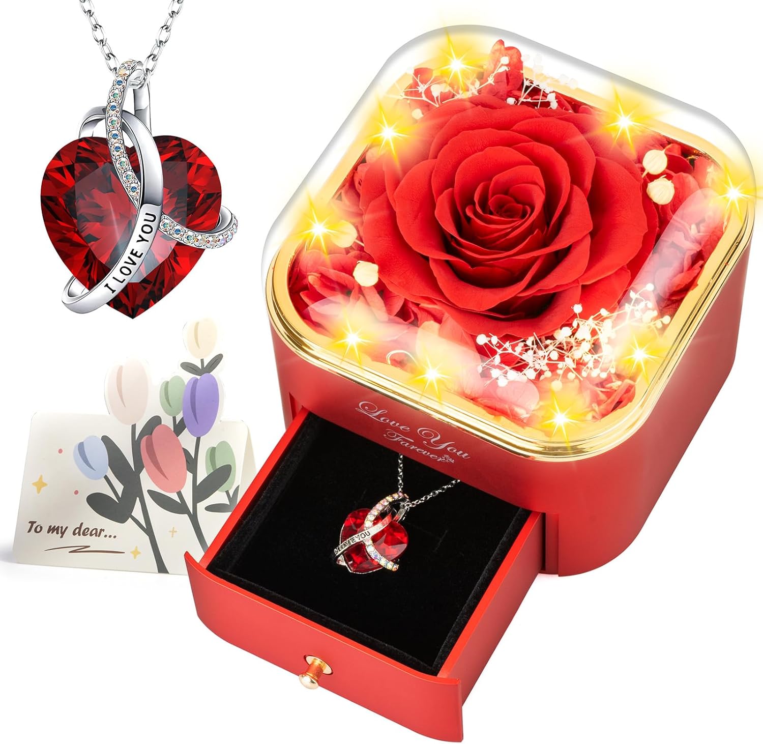 ENERLEAF Preserved Red Real Rose with Necklace Jewelry Box