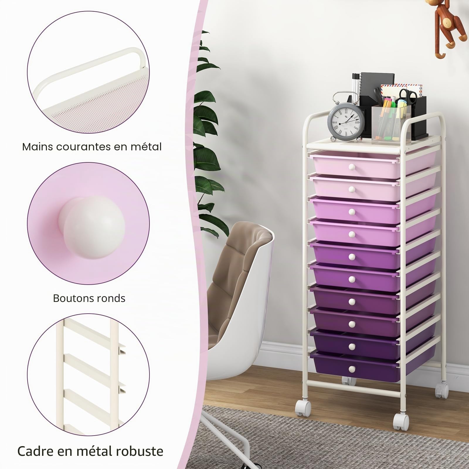GIANTEX Chariot à roulettes avec 10 tiroirs empilables - Chariot de salle de bain avec roulettes verrouillables - Chariot de rangement - Chariot de rangement - Chariot de ménage - Structure en métal