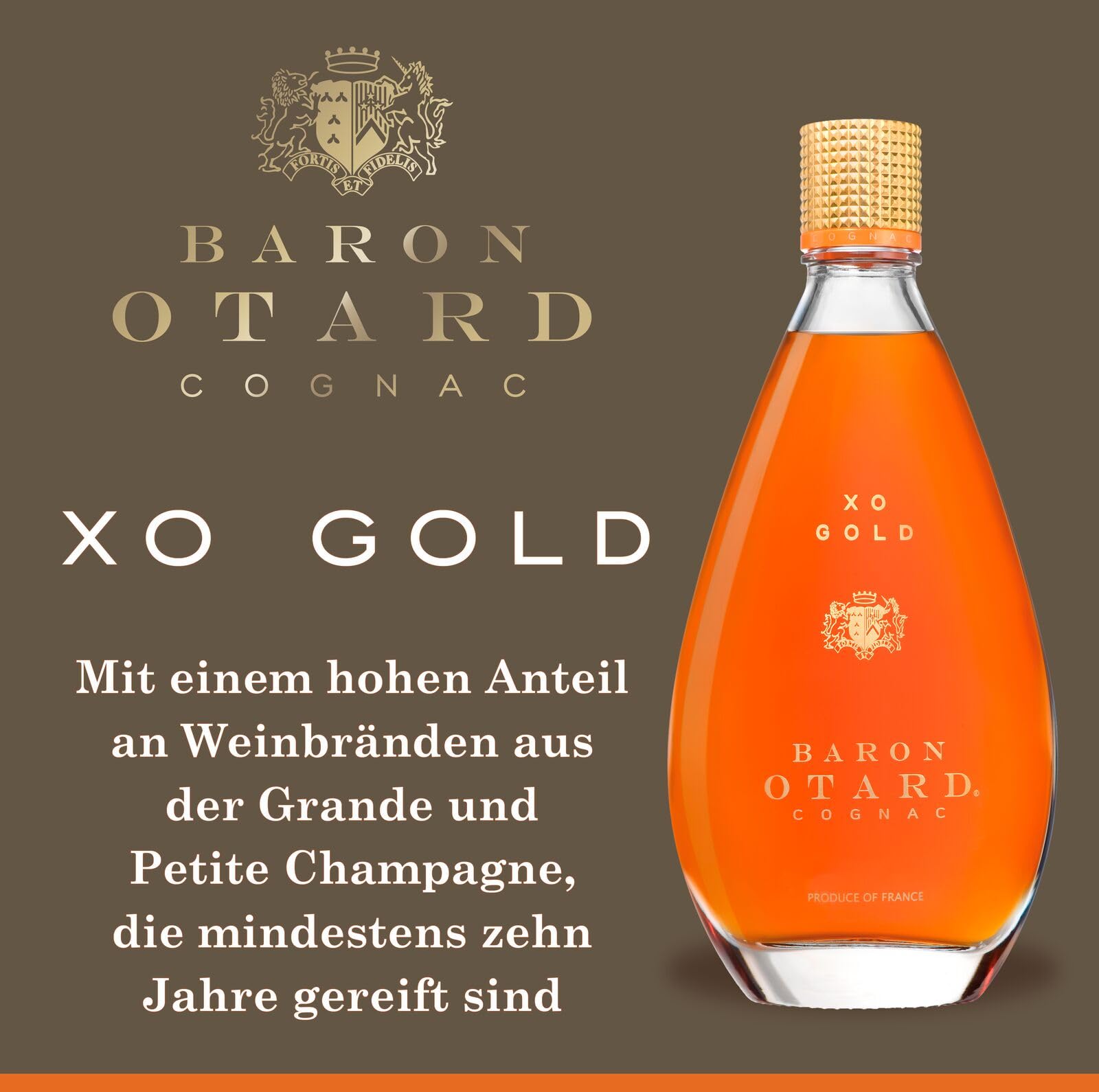 Baron Otard XO Gold Cognac, 40 Vol.-%, 70 cl / 700 ml, doppelt destillierter Premium-Cognac, gereift in Eichenfässern, mit Aromen von schwarzem Trüffel, Sandelholz und Pflaume